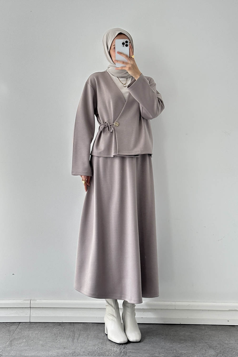 Lamelif Bağlama Detaylı Etekli Takım vizonrengi