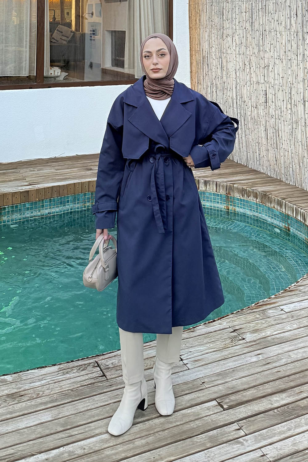 Lamelif Apoletli Klasik Kuşaklı Trençkot Lacivert