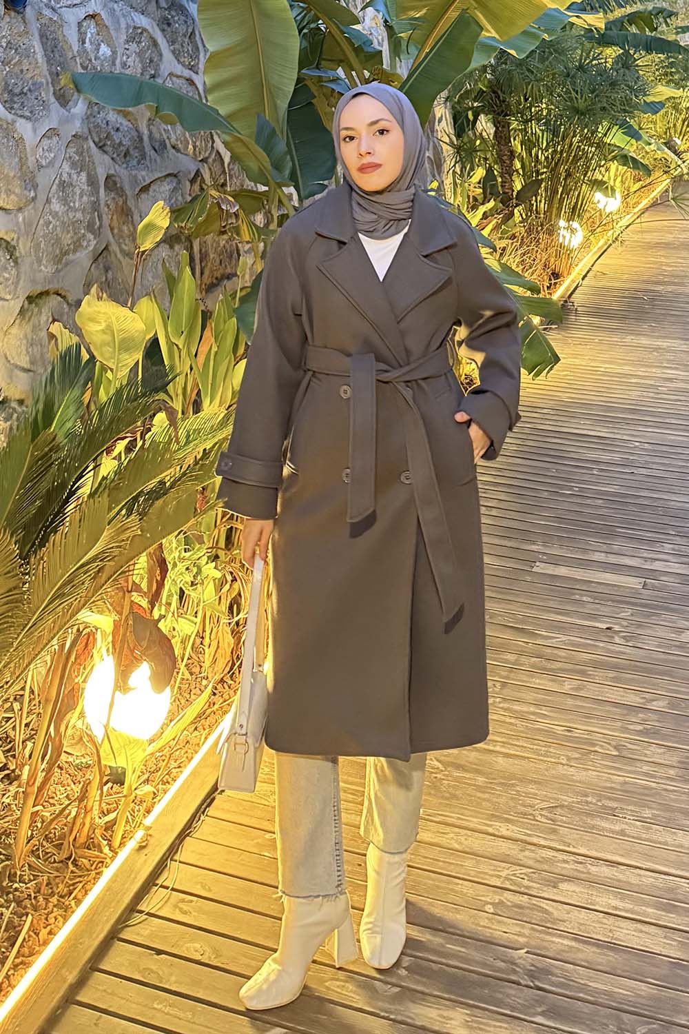 Lamelif Bağlama Detaylı Kaşe Kaban Antrasit