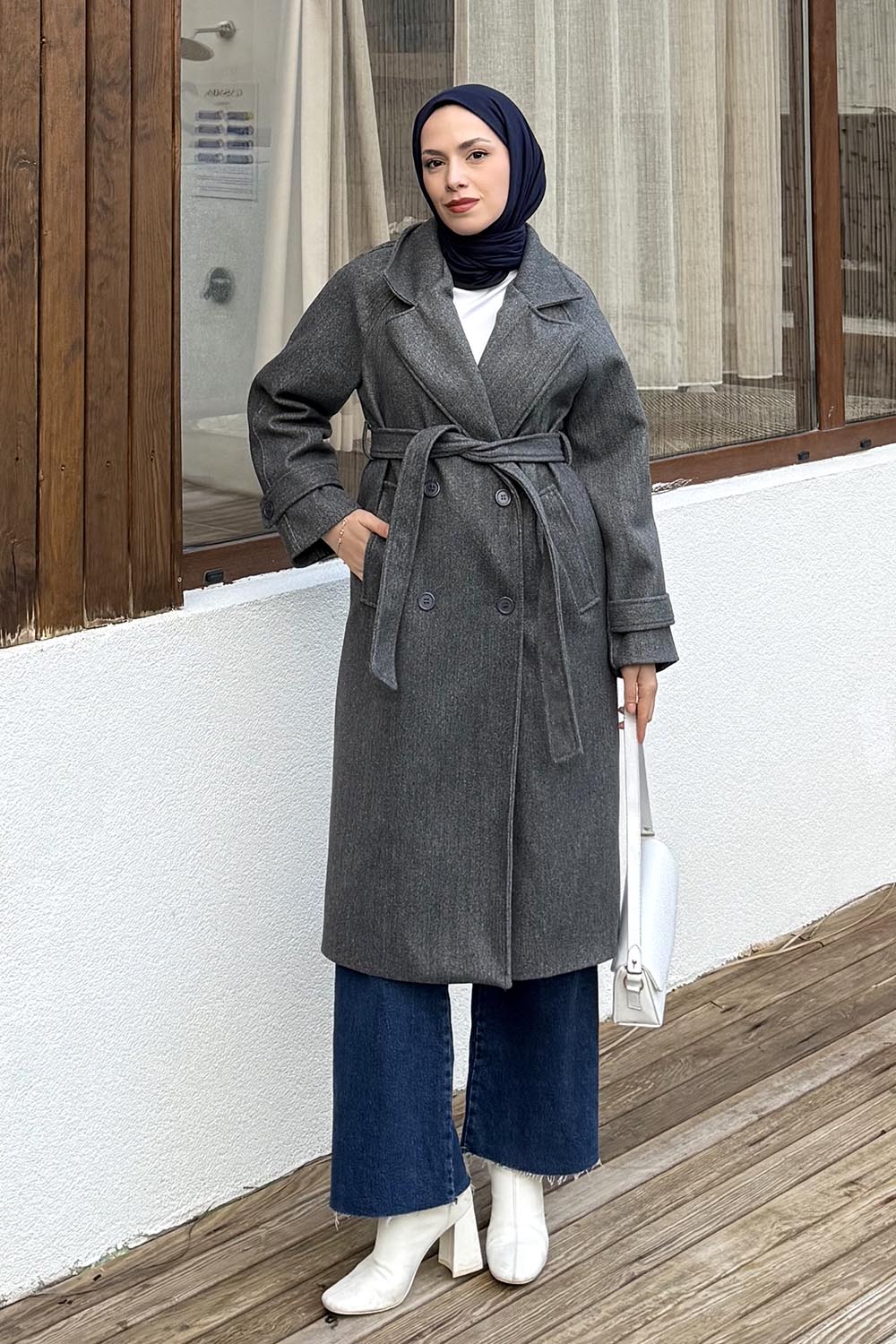 Lamelif Bağlama Detaylı Kaşe Kaban Antrasit