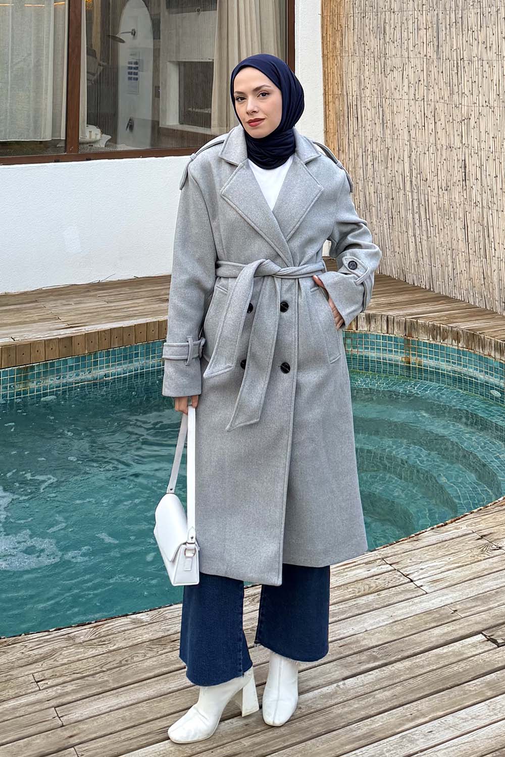 Lamelif Bağlama Detaylı Kaşe Kaban Gri