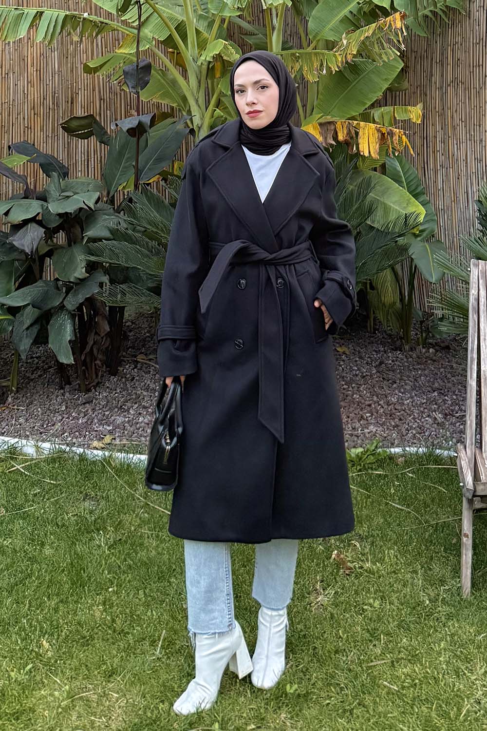 Lamelif Bağlama Detaylı Kaşe Kaban Siyah