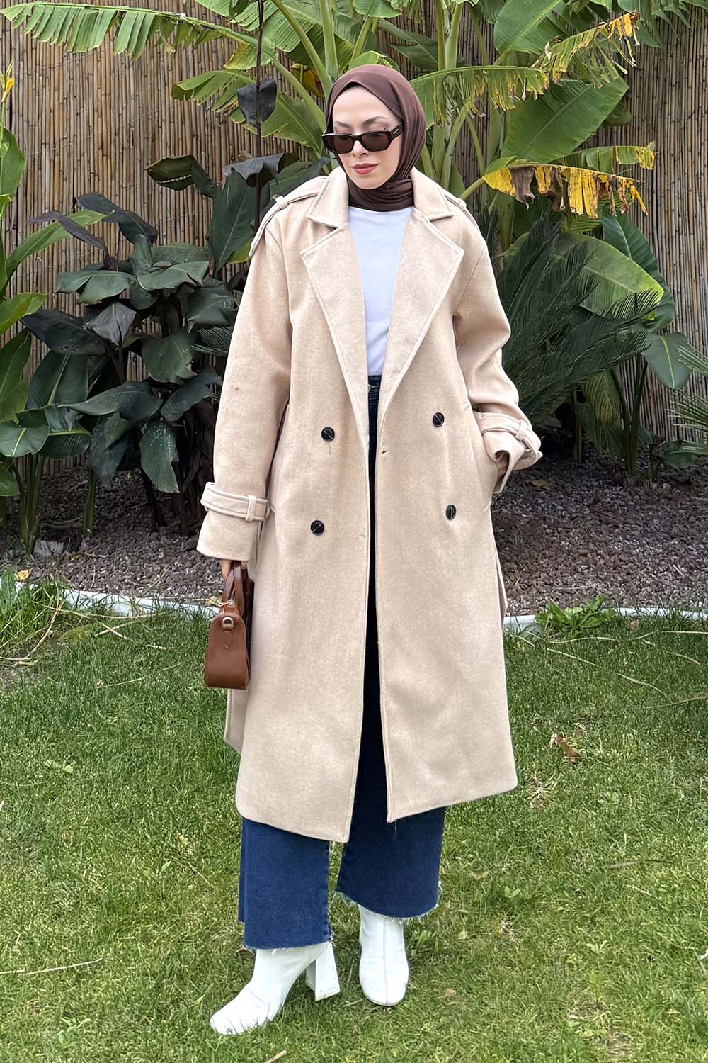 Lamelif Bağlama Detaylı Kaşe Kaban Sütlü Kahve