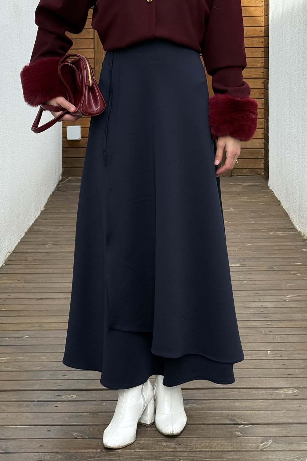 Lamelif Bağlama Detaylı Scuba Etek Lacivert