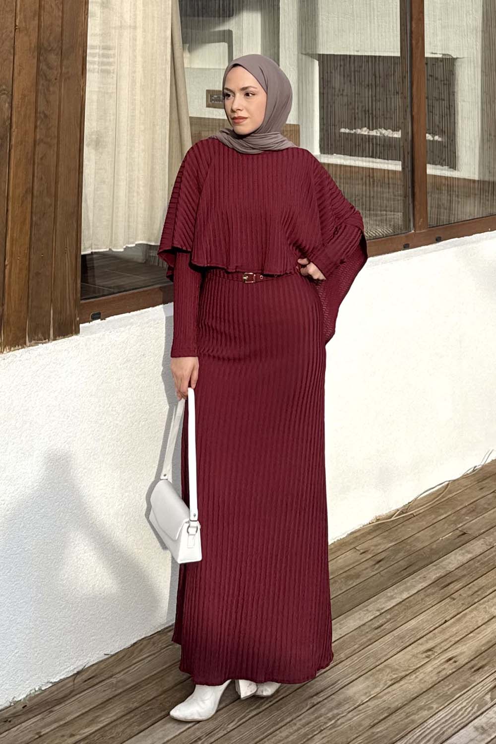 Lamelif Balıksırtı Kemerli Elbise Bordo