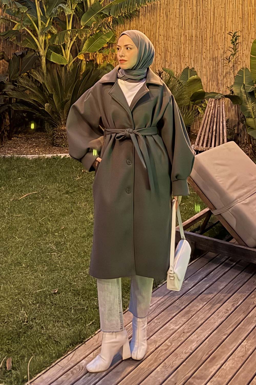 Lamelif Balon Kol Örme Kaşe Kaban Antrasit