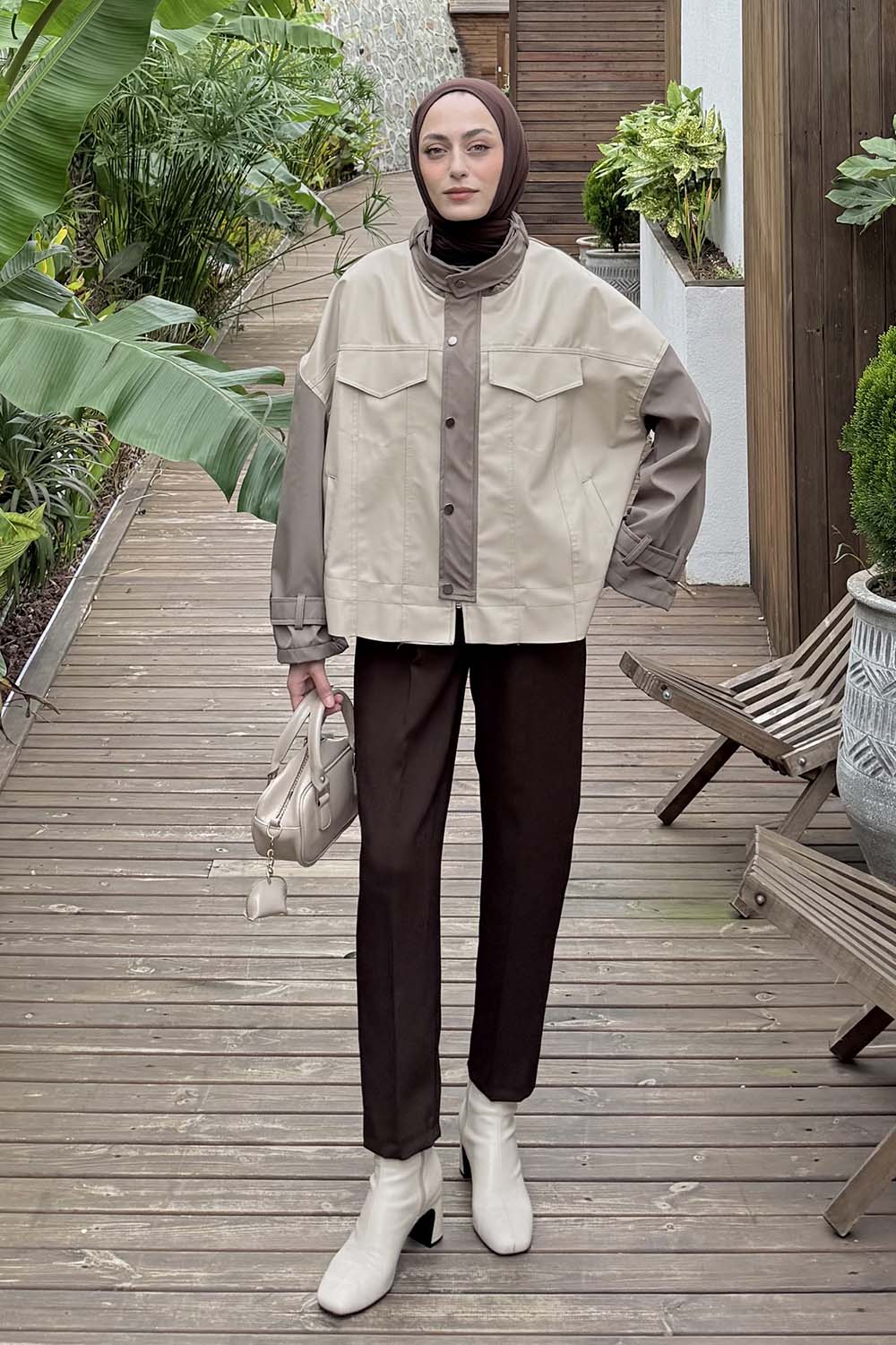 Lamelif Garnili Deri Ceket Krem