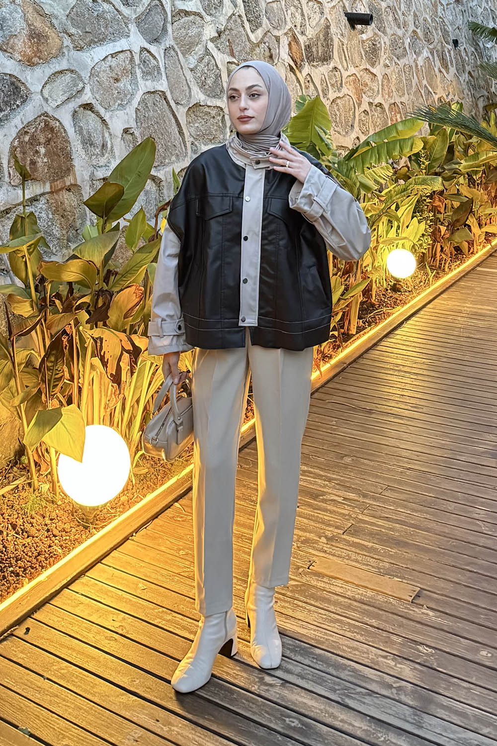 Lamelif Garnili Deri Ceket Siyah