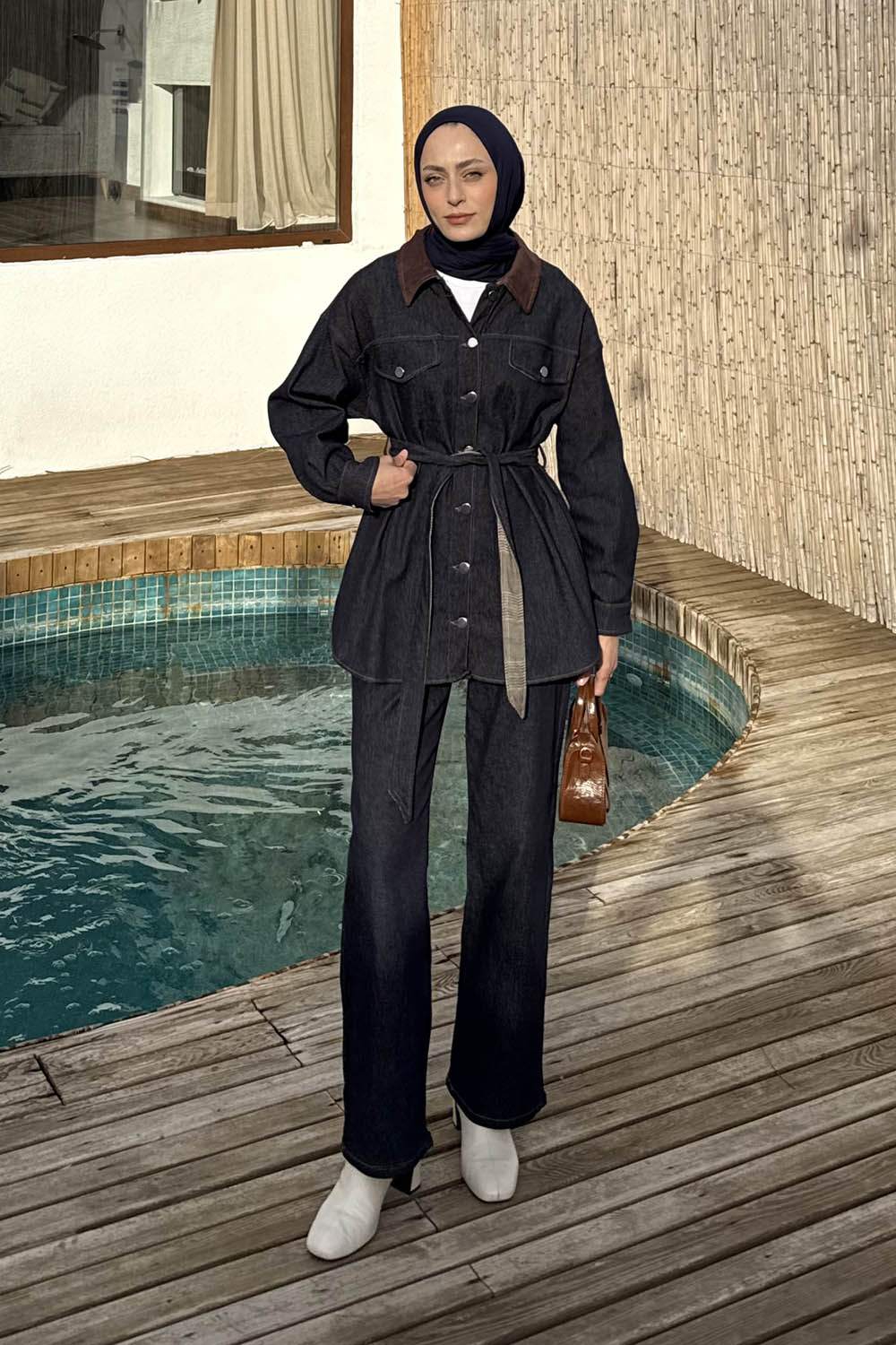 Lamelif Garnili İkili Kot Takım Koyu Mavi