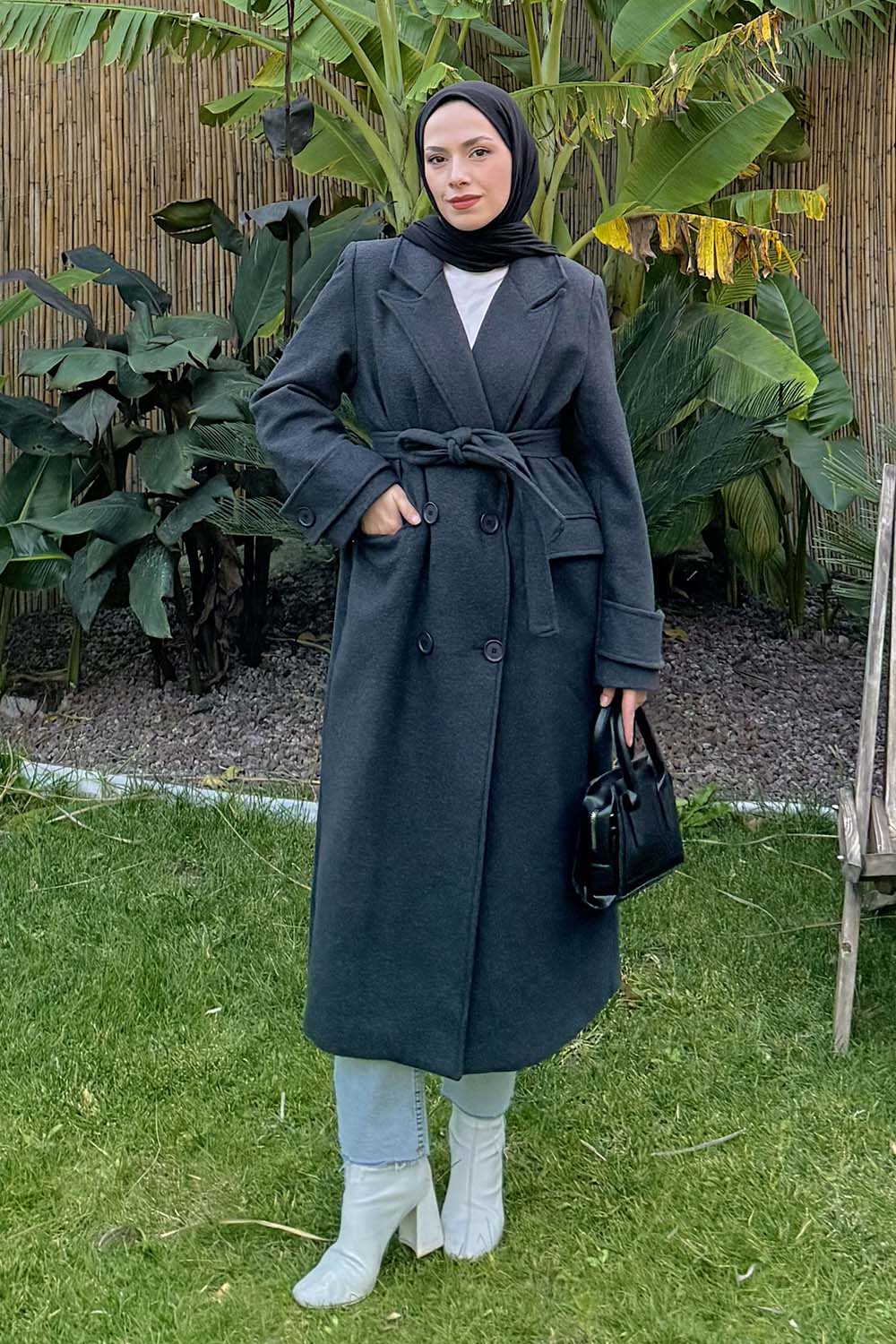 Lamelif Geniş Manşet Kaşe Kaban Antrasit