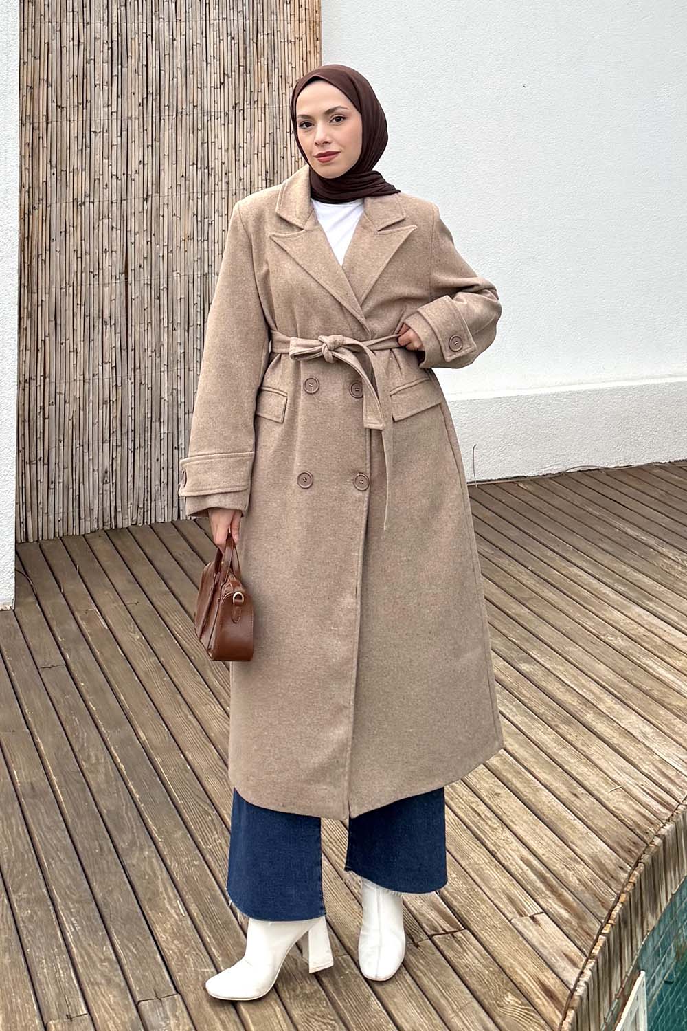 Lamelif Geniş Manşet Kaşe Kaban Soft Kahve