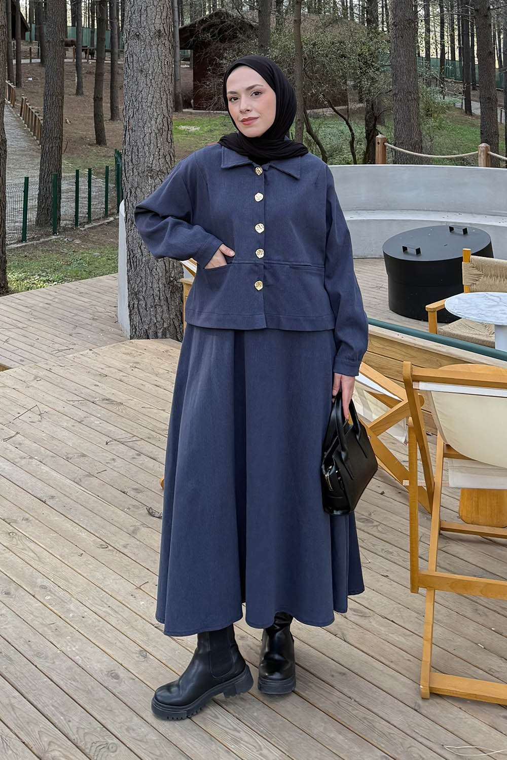 Lamelif Gold Düğme Detaylı Etekli İkili Takım Antrasit