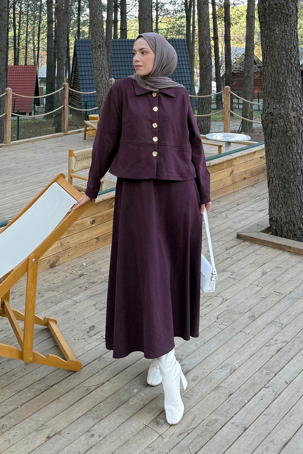 Lamelif Gold Düğme Detaylı Etekli İkili Takım Bordo