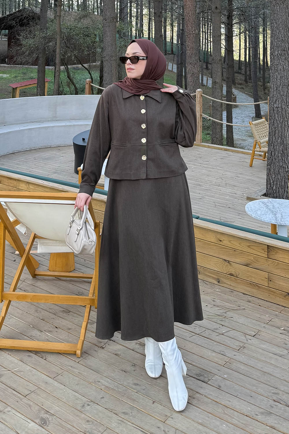 Lamelif Gold Düğme Detaylı Etekli İkili Takım Kahverengi