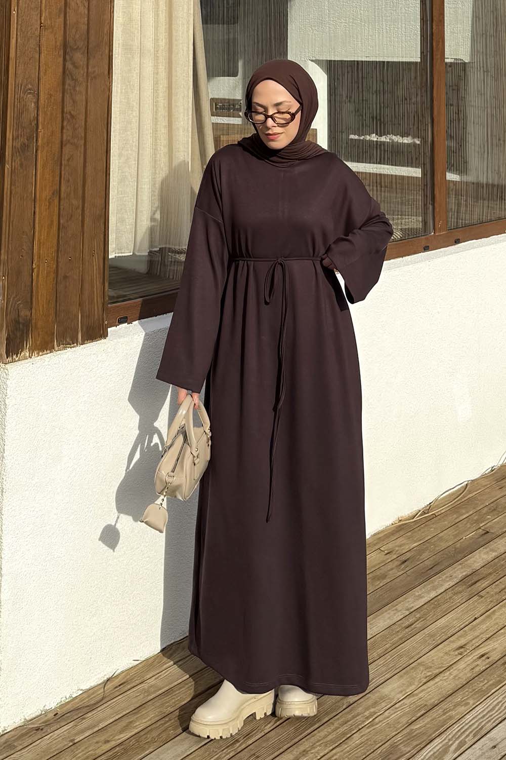 Bitter Brown Mock Turtle Neck Cotton Dresess