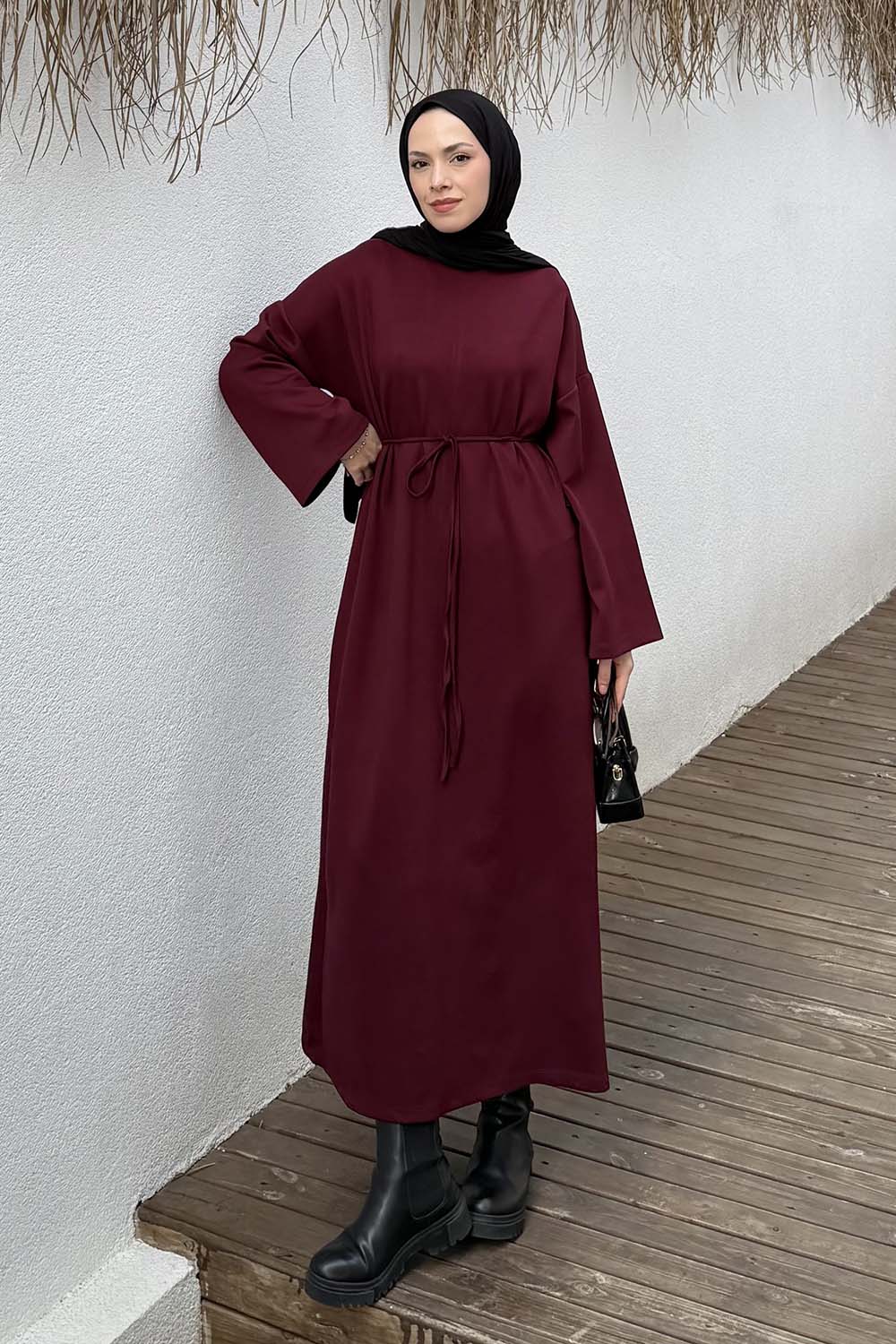 Claret Red Mock Turtle Neck Cotton Dresess