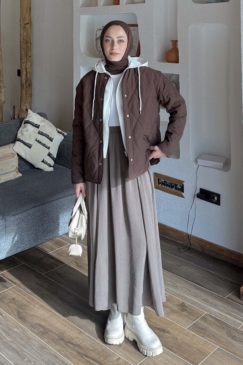 Lamelif Kapüşonlu Kapitone Mont Kahverengi