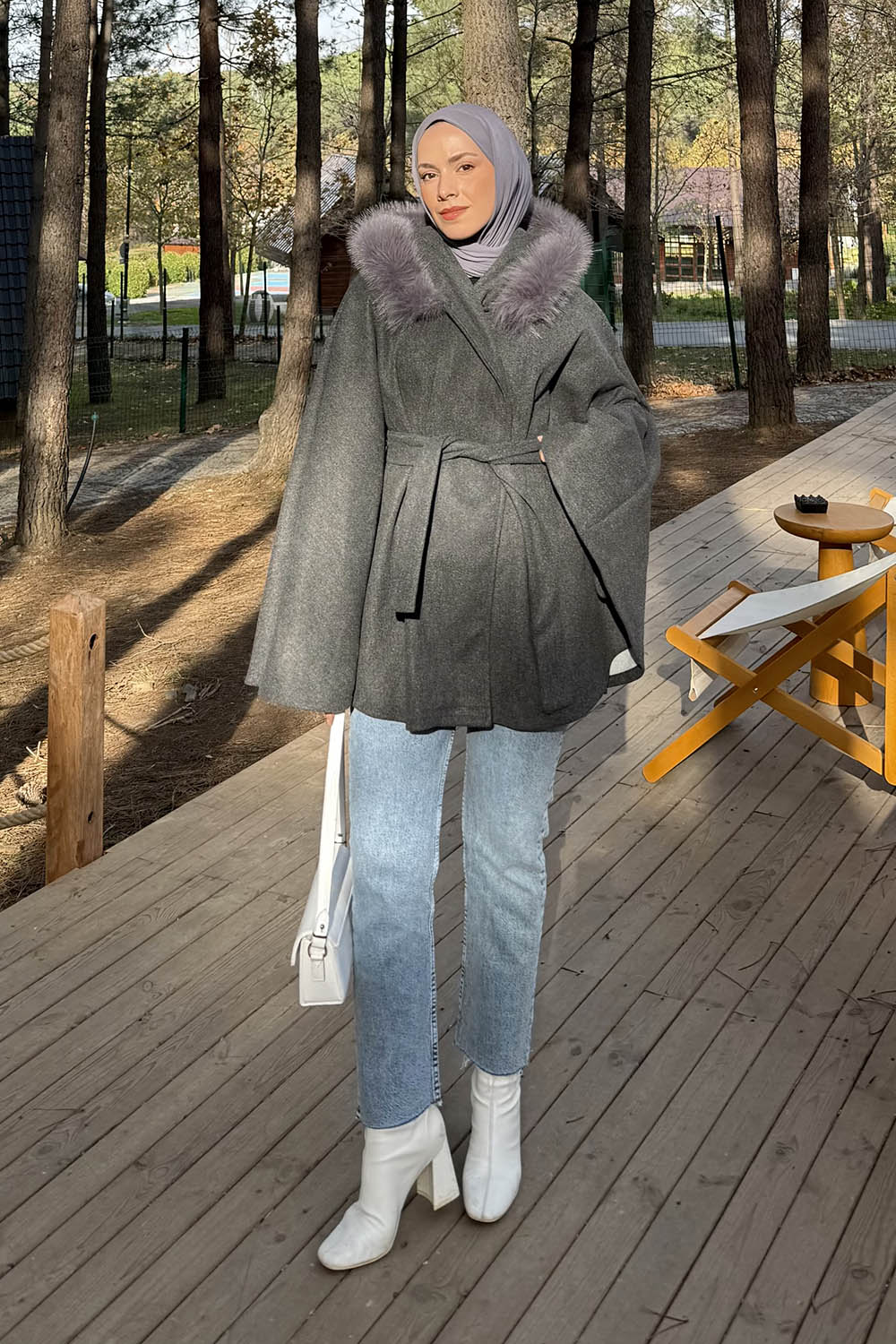 Lamelif Kapüşonlu Panço Antrasit