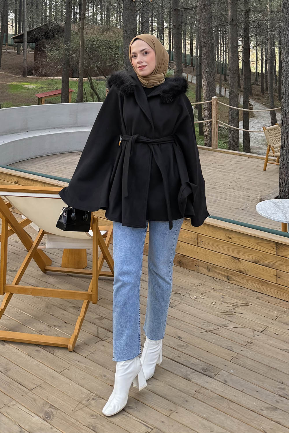Lamelif Kapüşonlu Panço Siyah