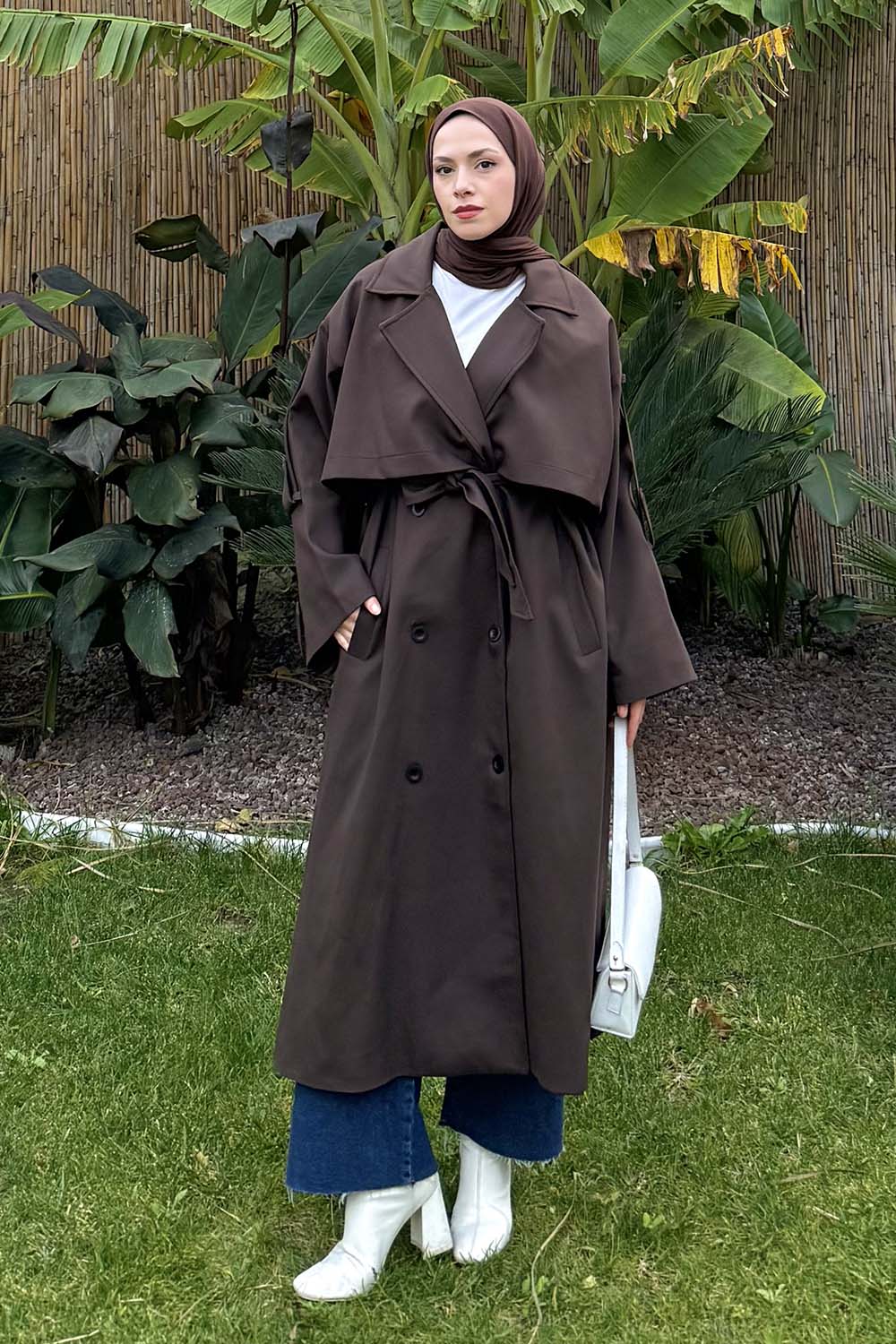 Lamelif Kuşaklı Poliviskon Trenç Kahverengi