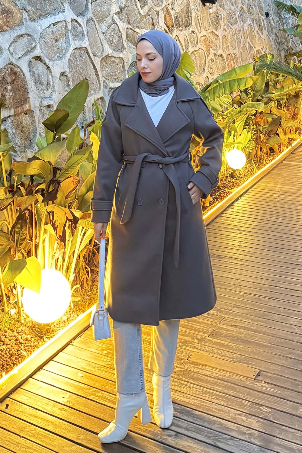 Lamelif Omuz Filetolu Kol Apoletli Kaşe Kaban Antrasit