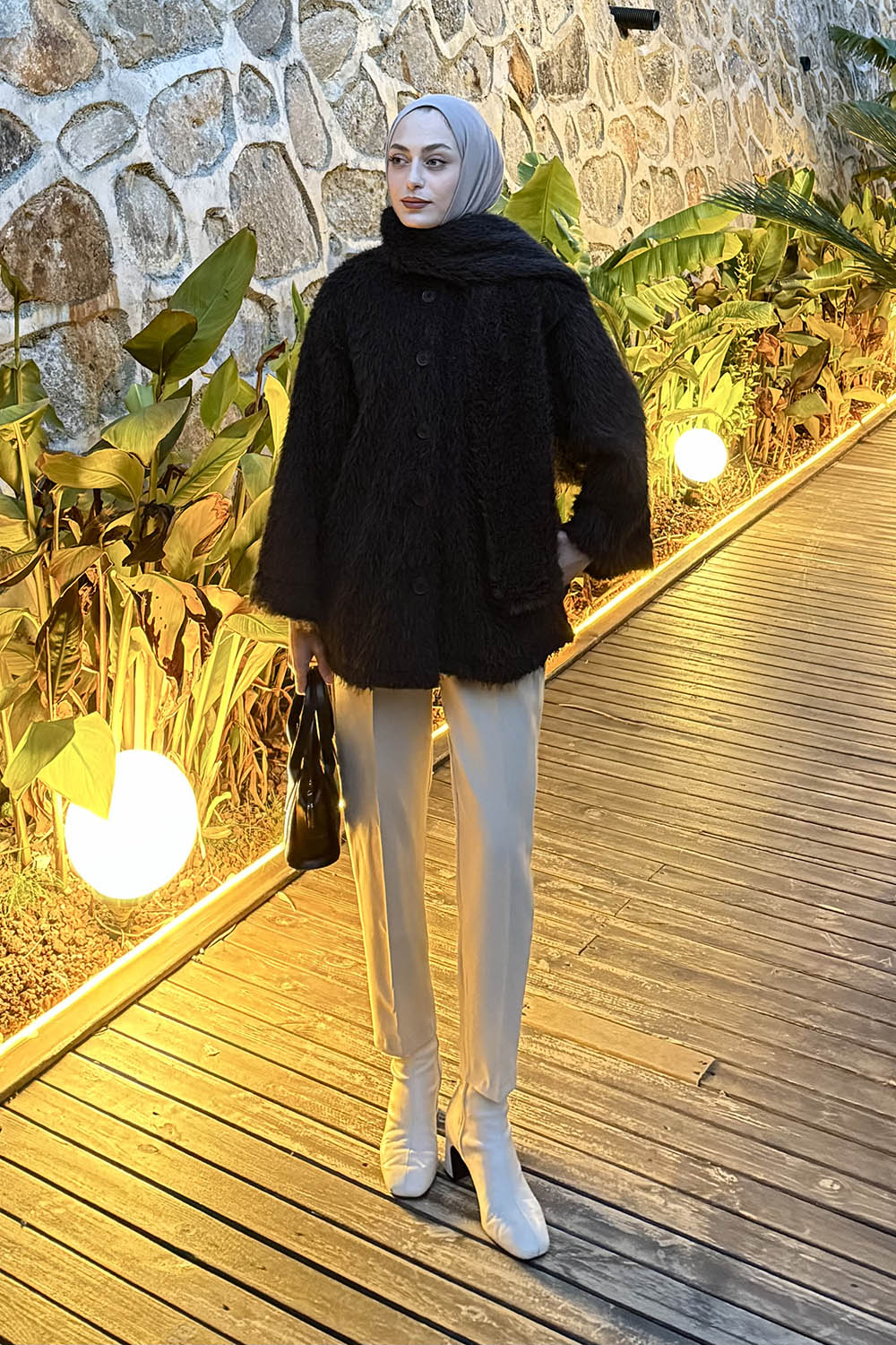 Lamelif Sakal Kumaş Atkılı Kaban Siyah