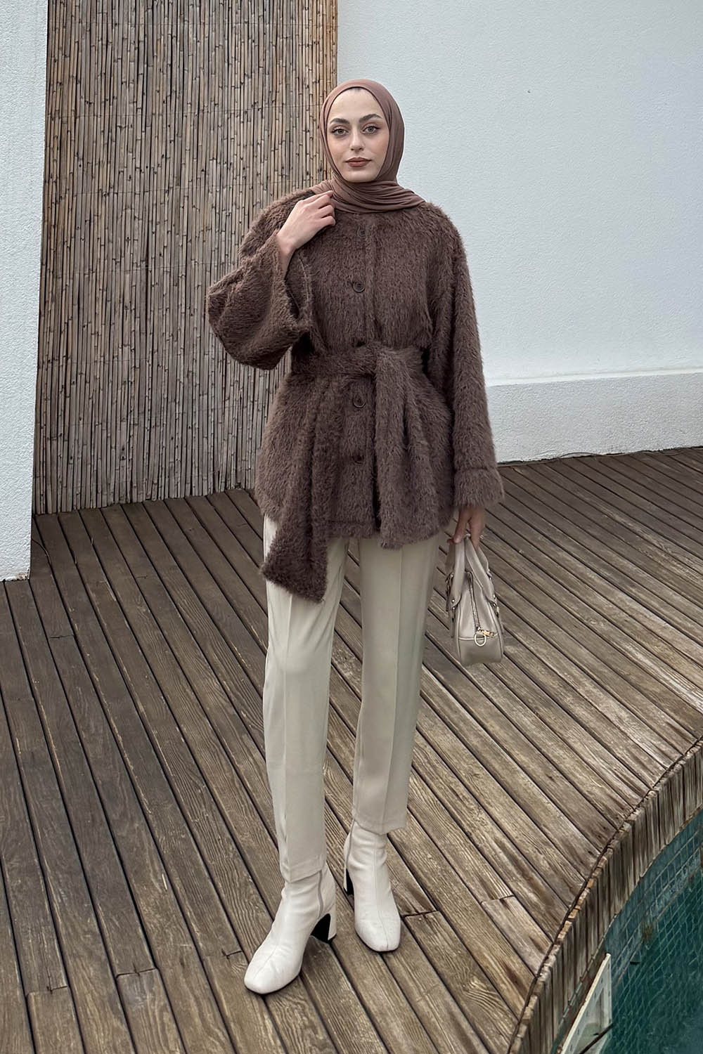 Lamelif Sakal Kumaş Atkılı Kaban Soft Kahve