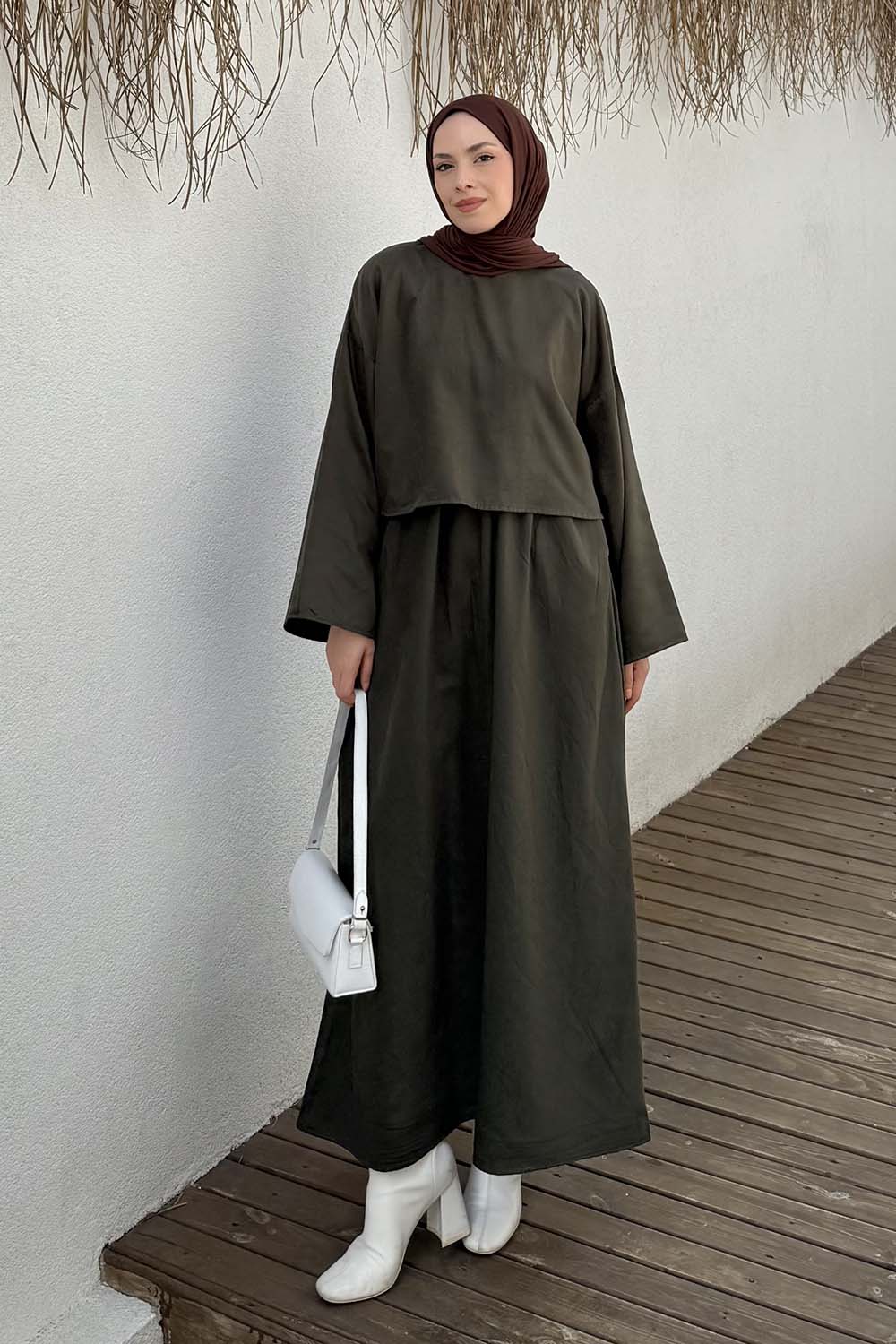 Lamelif Süet Etekli Tesettür Takım Haki