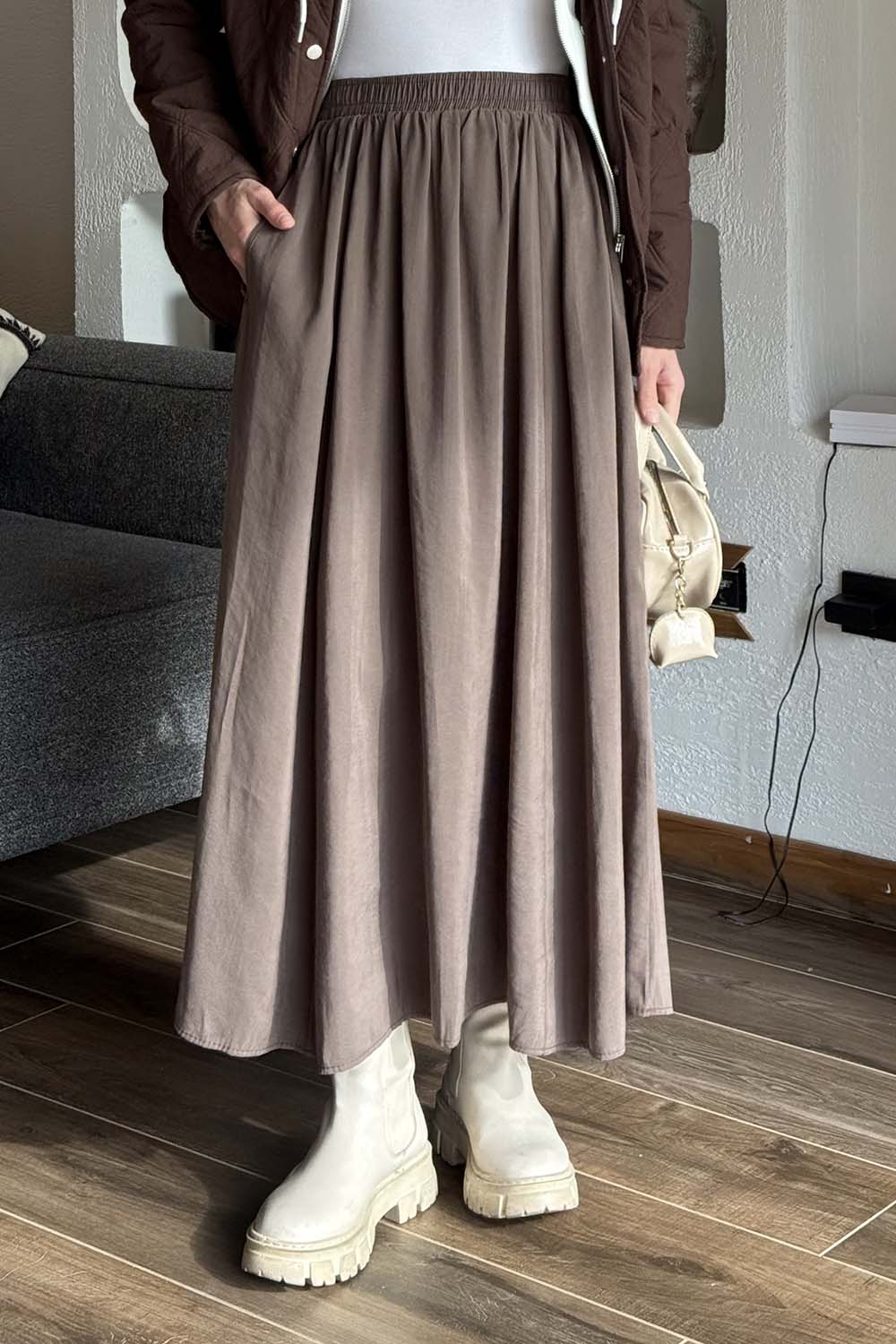 Lamelif Tensel Tesettür Etek Kahverengi