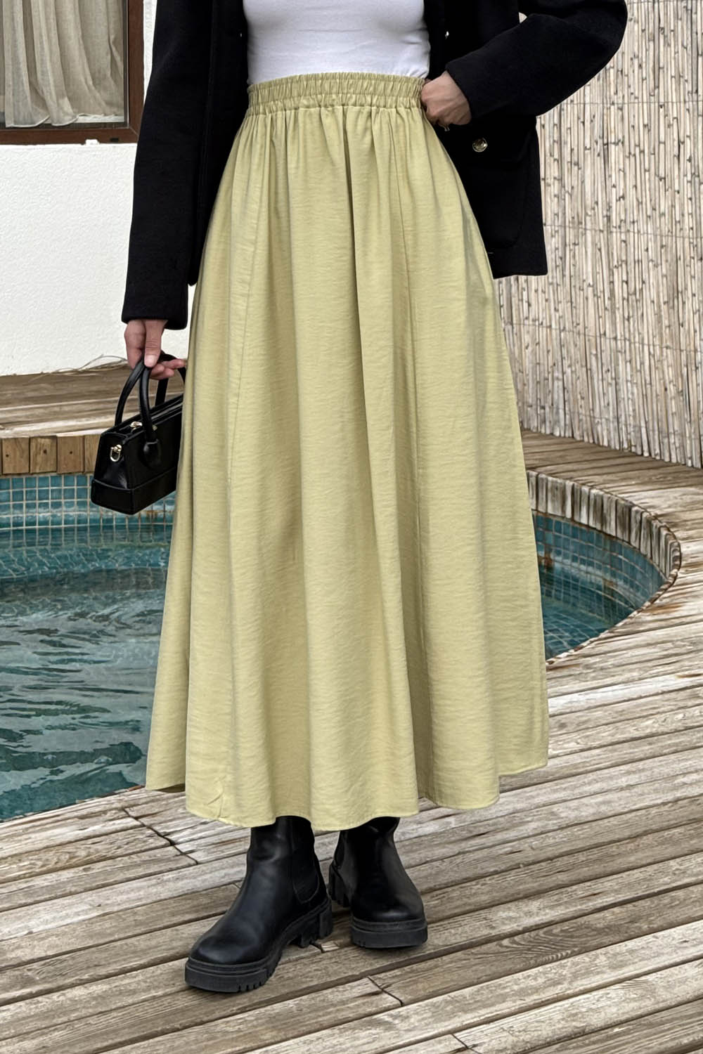 Lamelif Tensel Tesettür Etek Yağ Yeşili