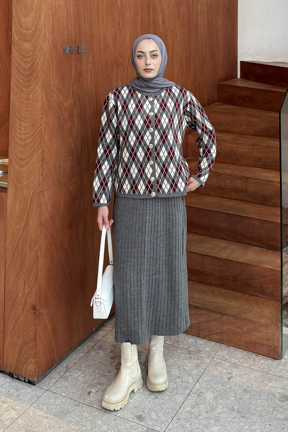 Lamelif Baklava Desen Etekli Triko Takım Antrasit-Bordo