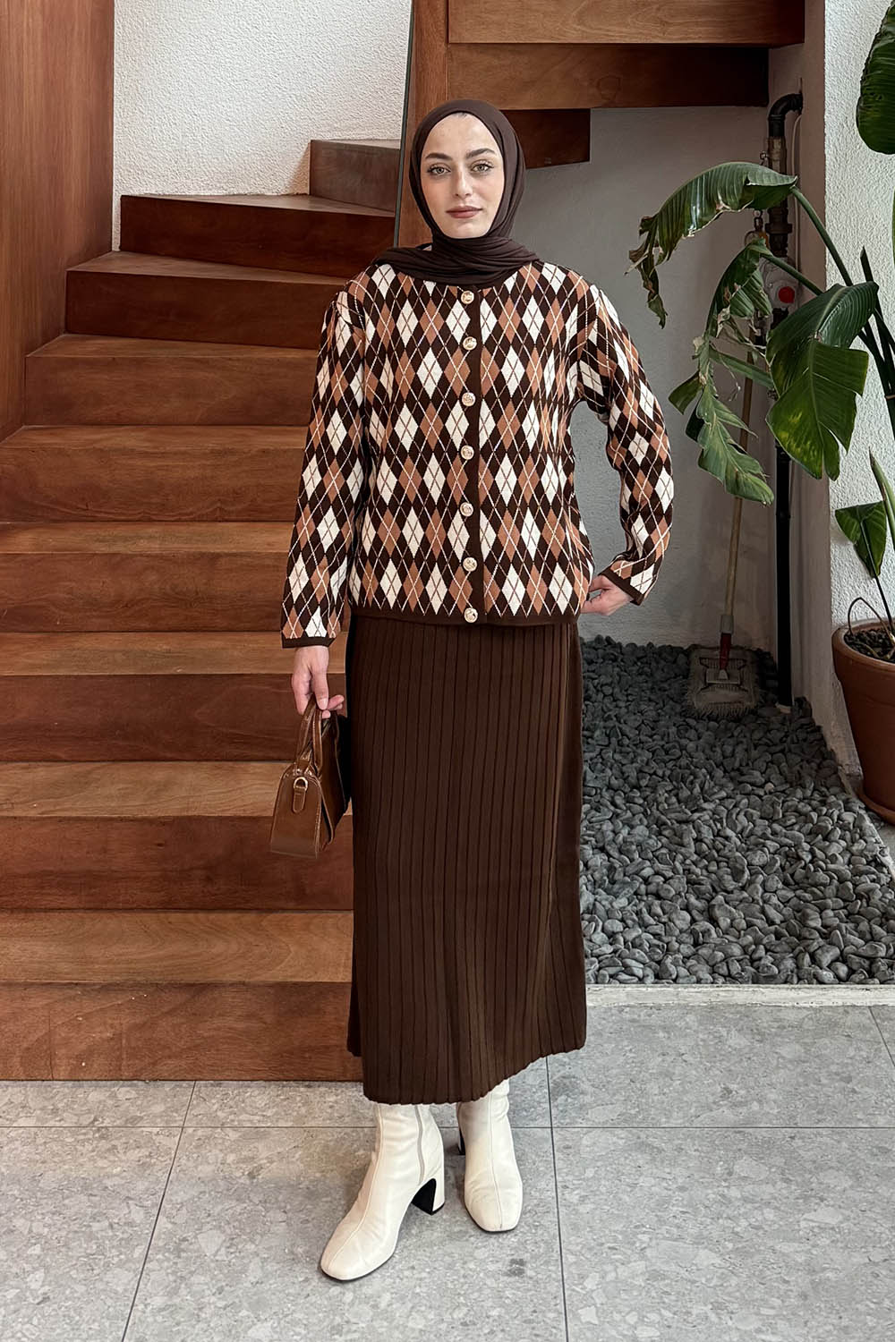 Lamelif Baklava Desen Etekli Triko Takım Camel