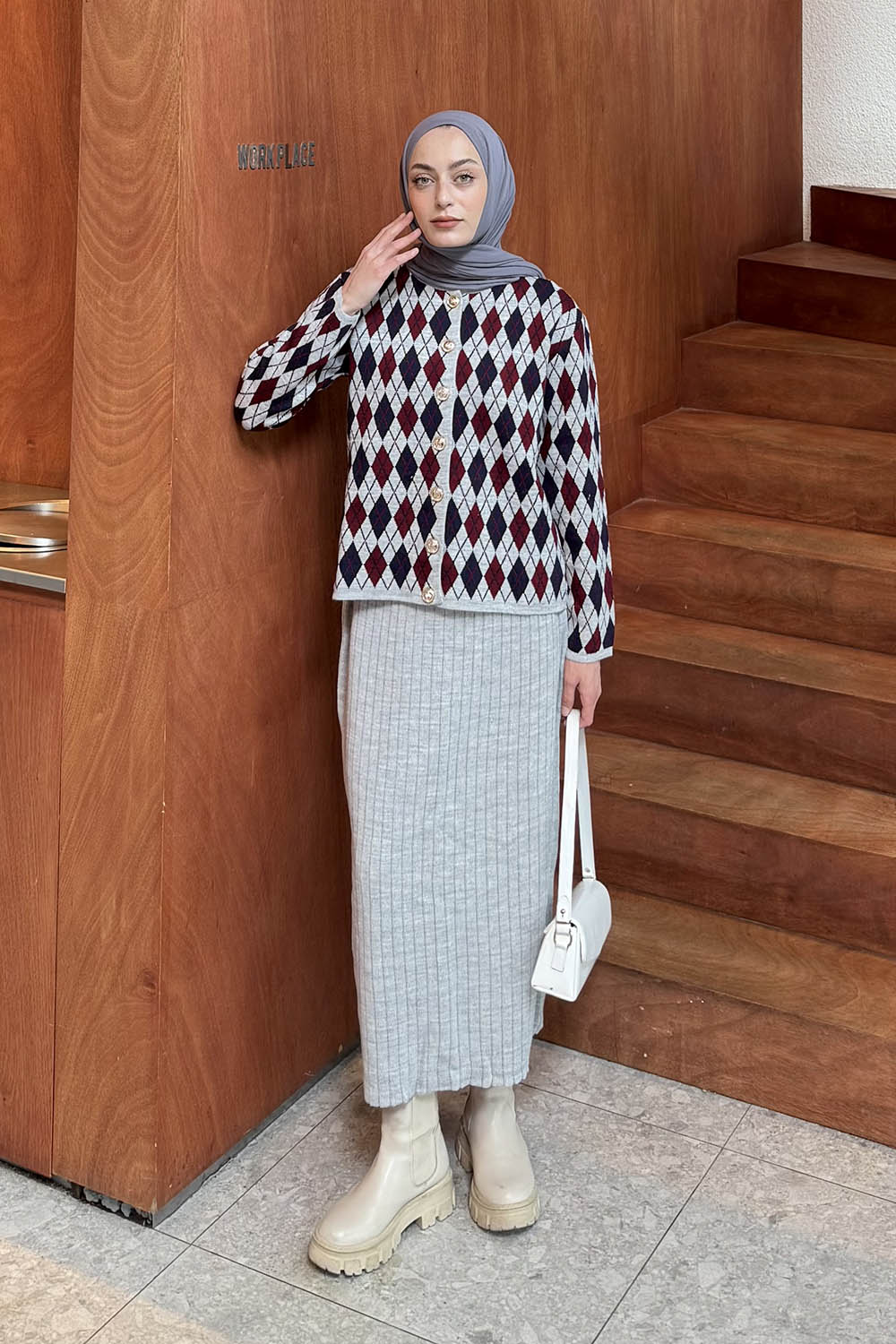 Lamelif Baklava Desen Etekli Triko Takım Gri-Bordo