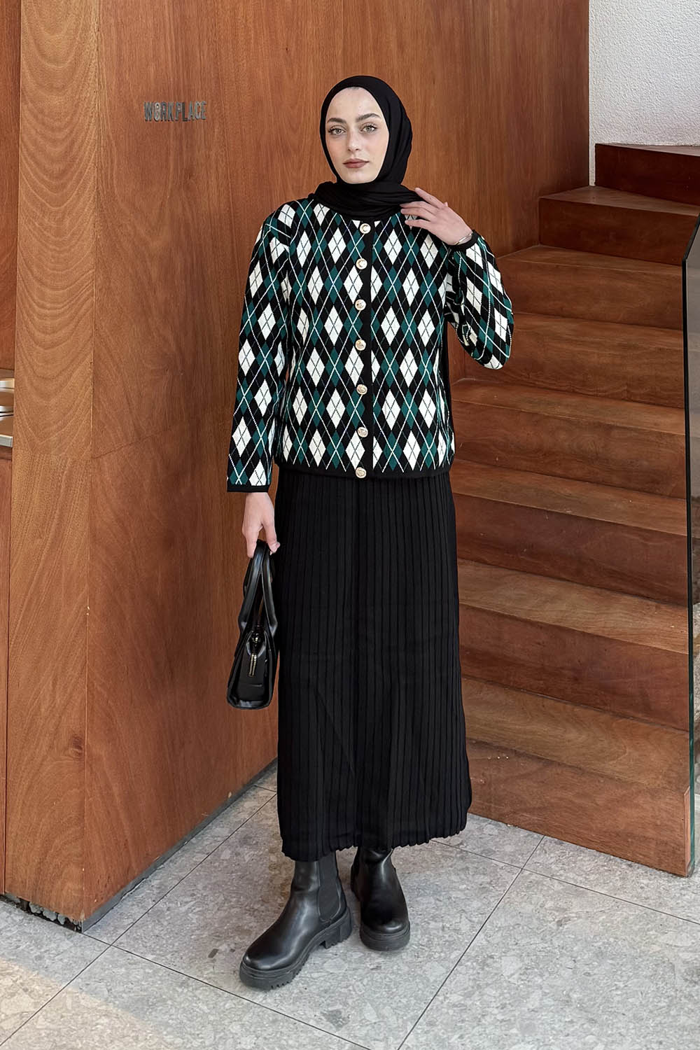 Lamelif Baklava Desen Etekli Triko Takım Siyah-Zümrüt