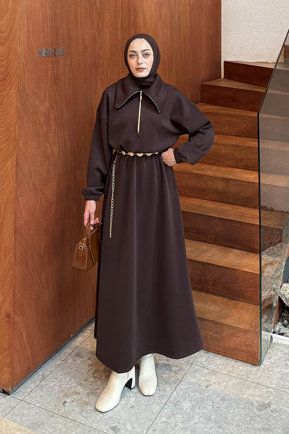 Bitter Brown Choker Neck Cotton Dresess