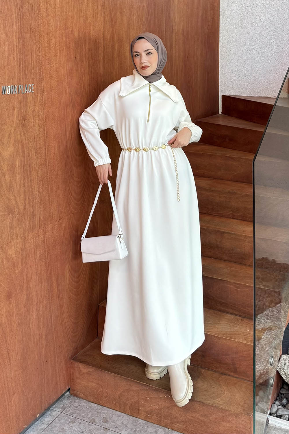 Lamelif Boğazlı Scuba Elbise Beyaz