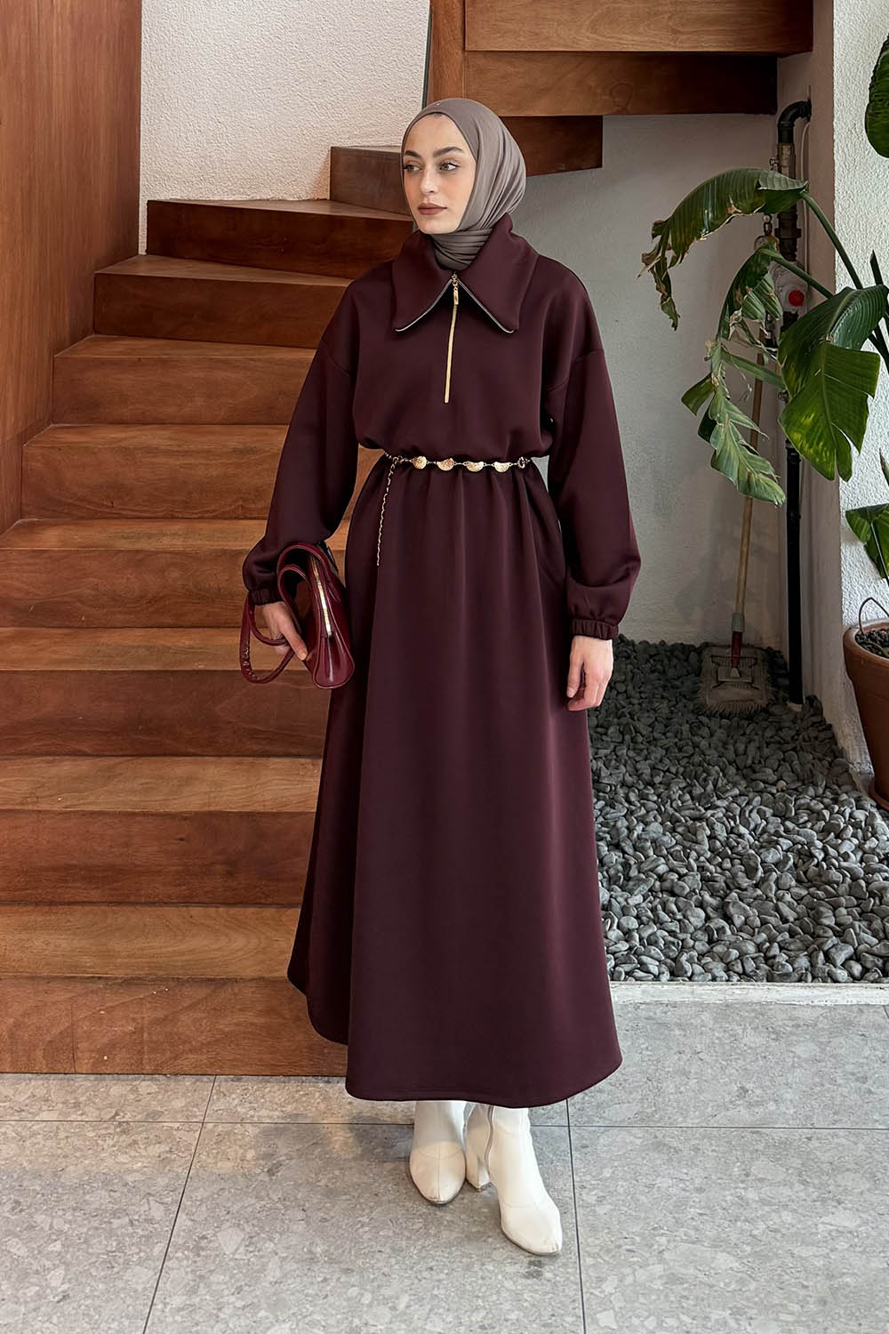 Claret Red Choker Neck Cotton Dresess