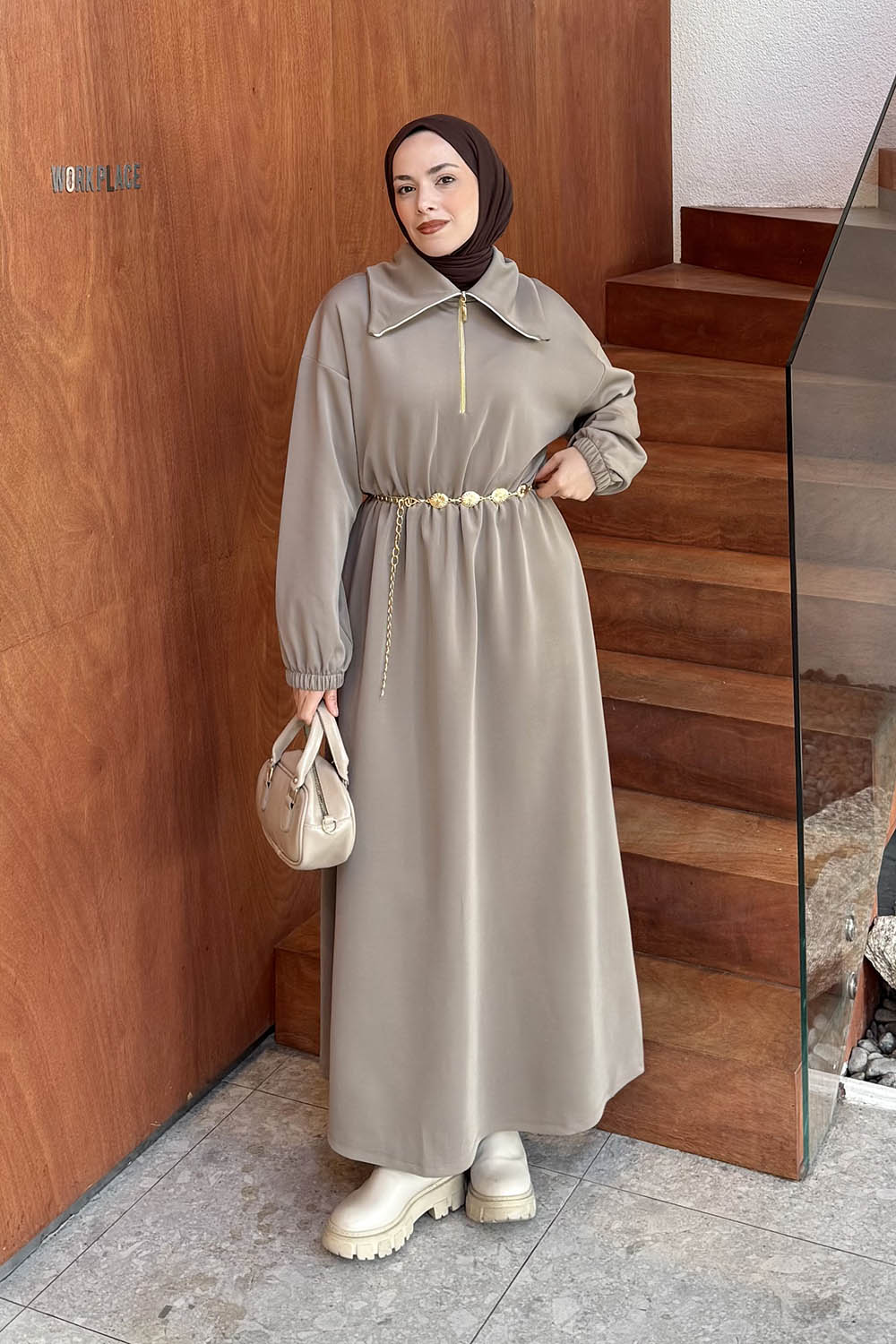 Sand Beige Choker Neck Cotton Dresess