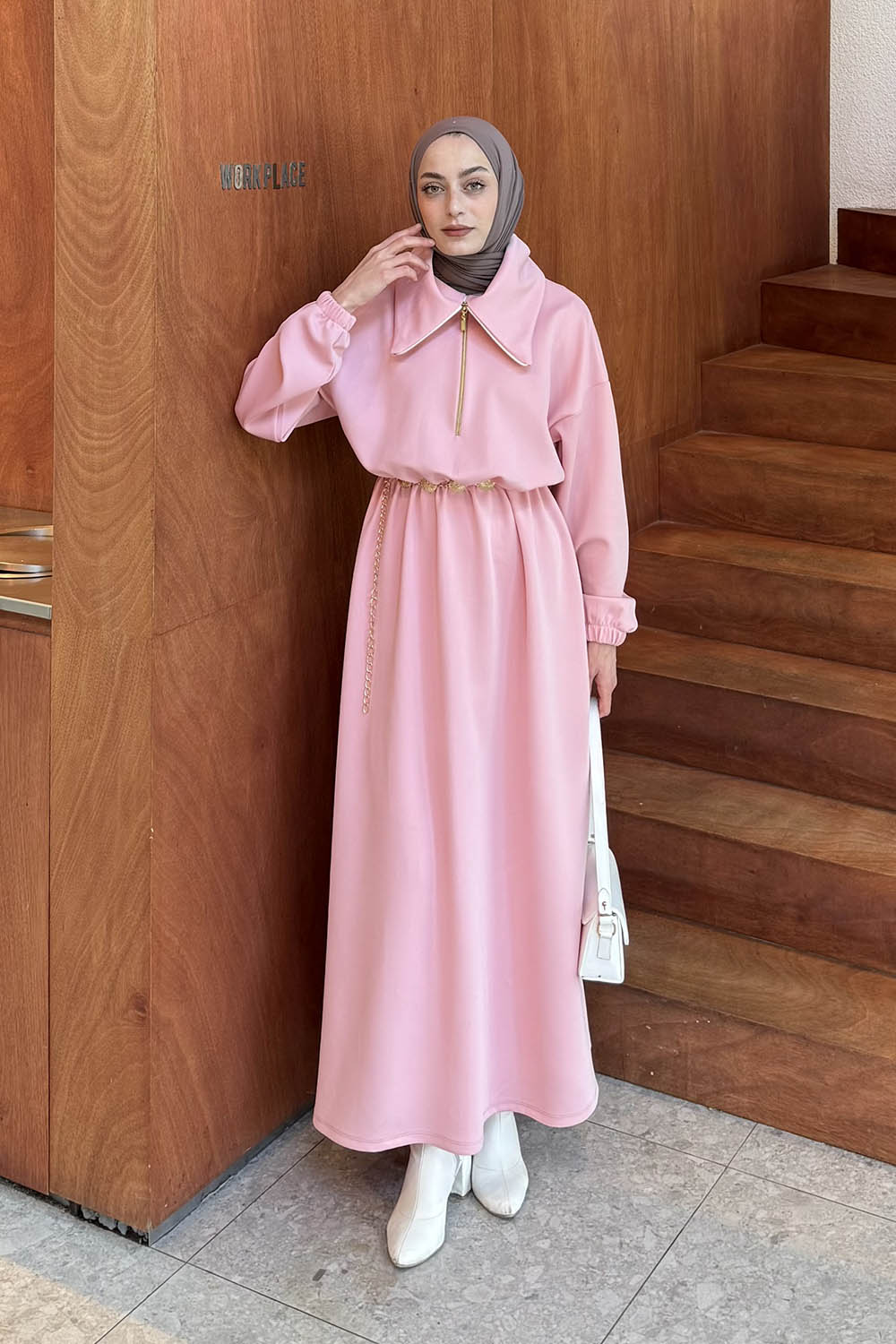 Lamelif Boğazlı Scuba Elbise Şeker Pembesi