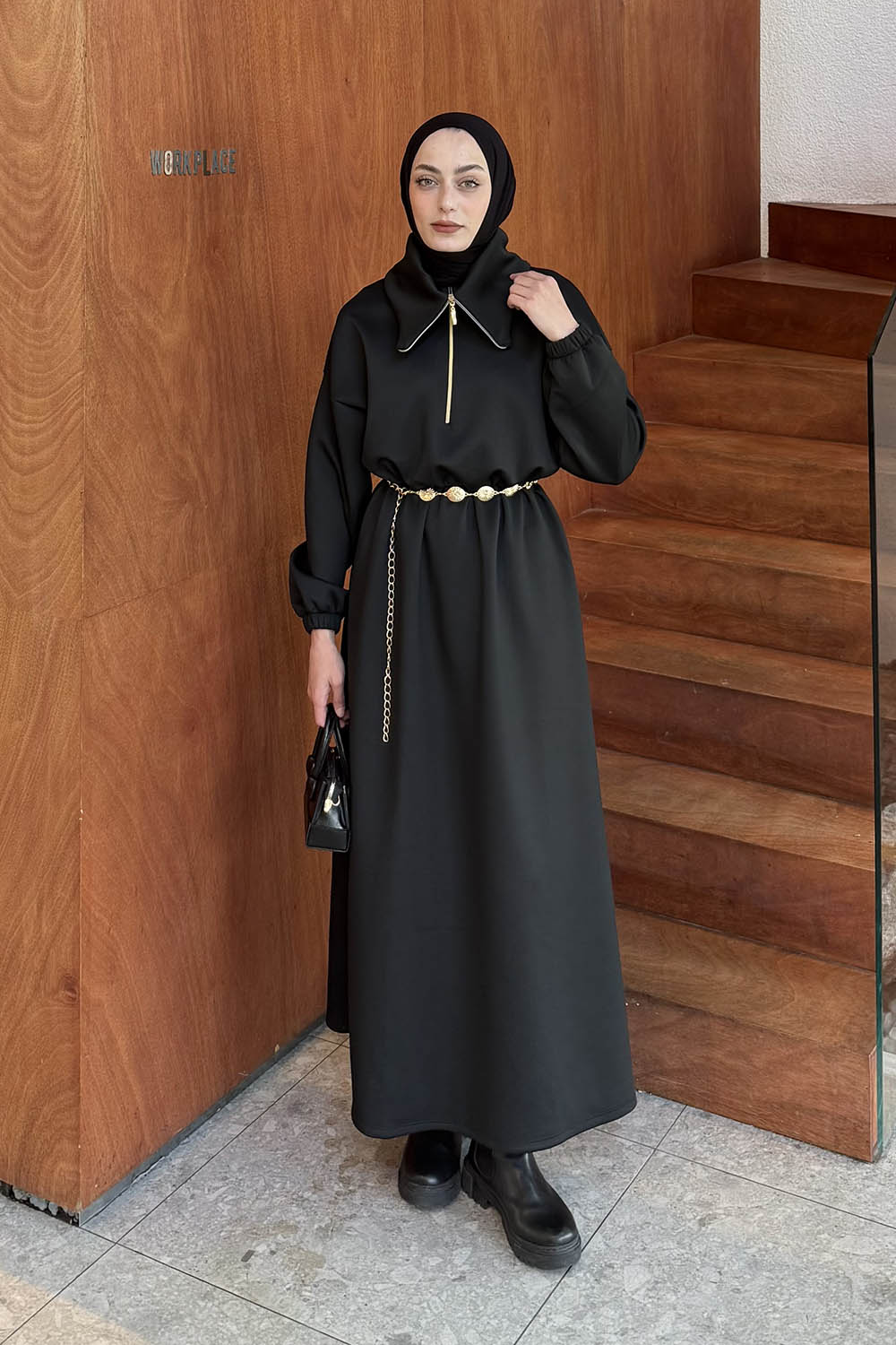 Lamelif Boğazlı Scuba Elbise Siyah