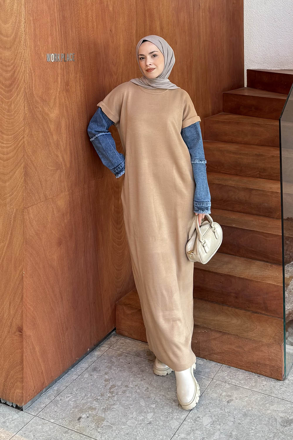 Brown With Milk Crew Neck Denim Dresess