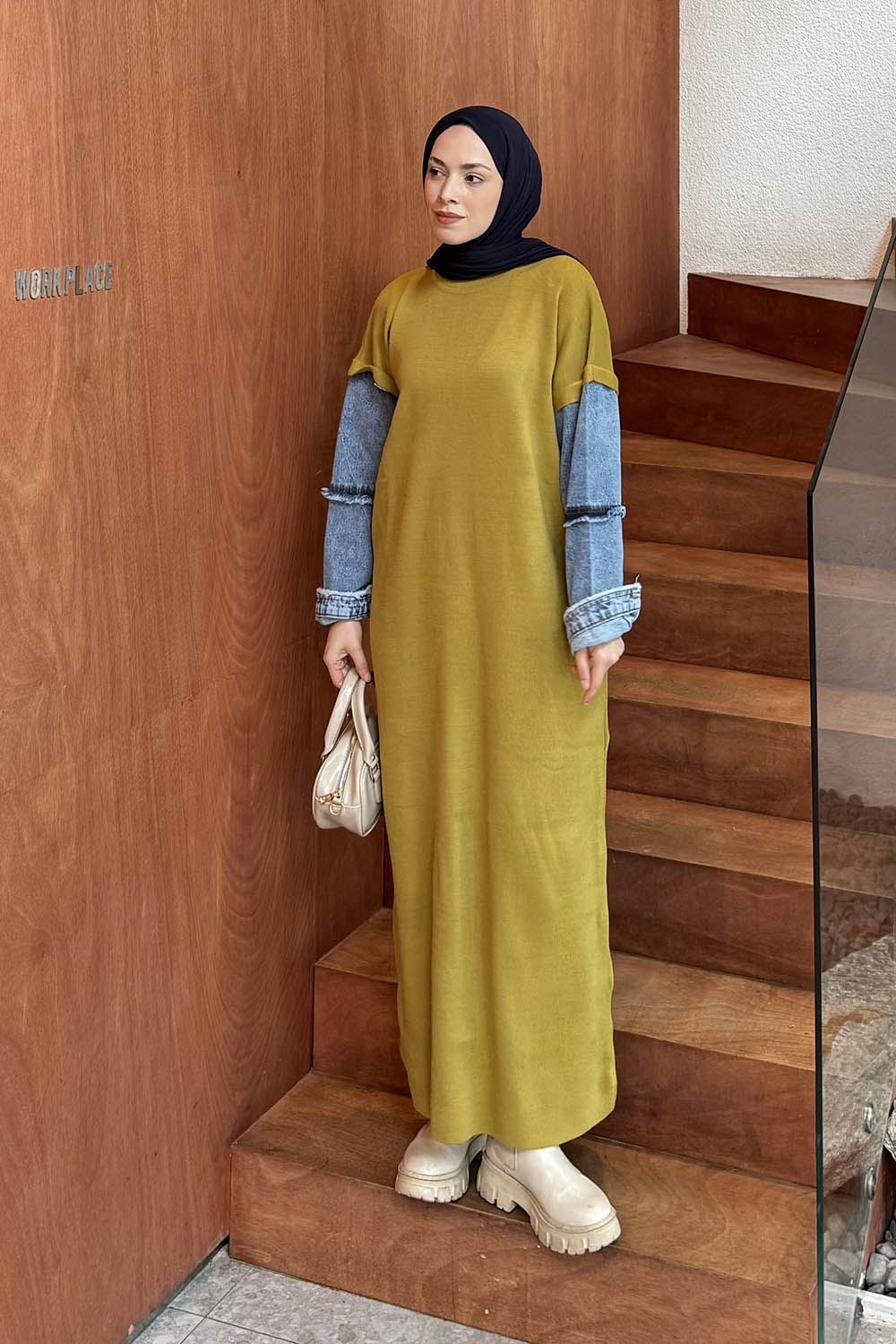 Oil Green Crew Neck Denim Dresess