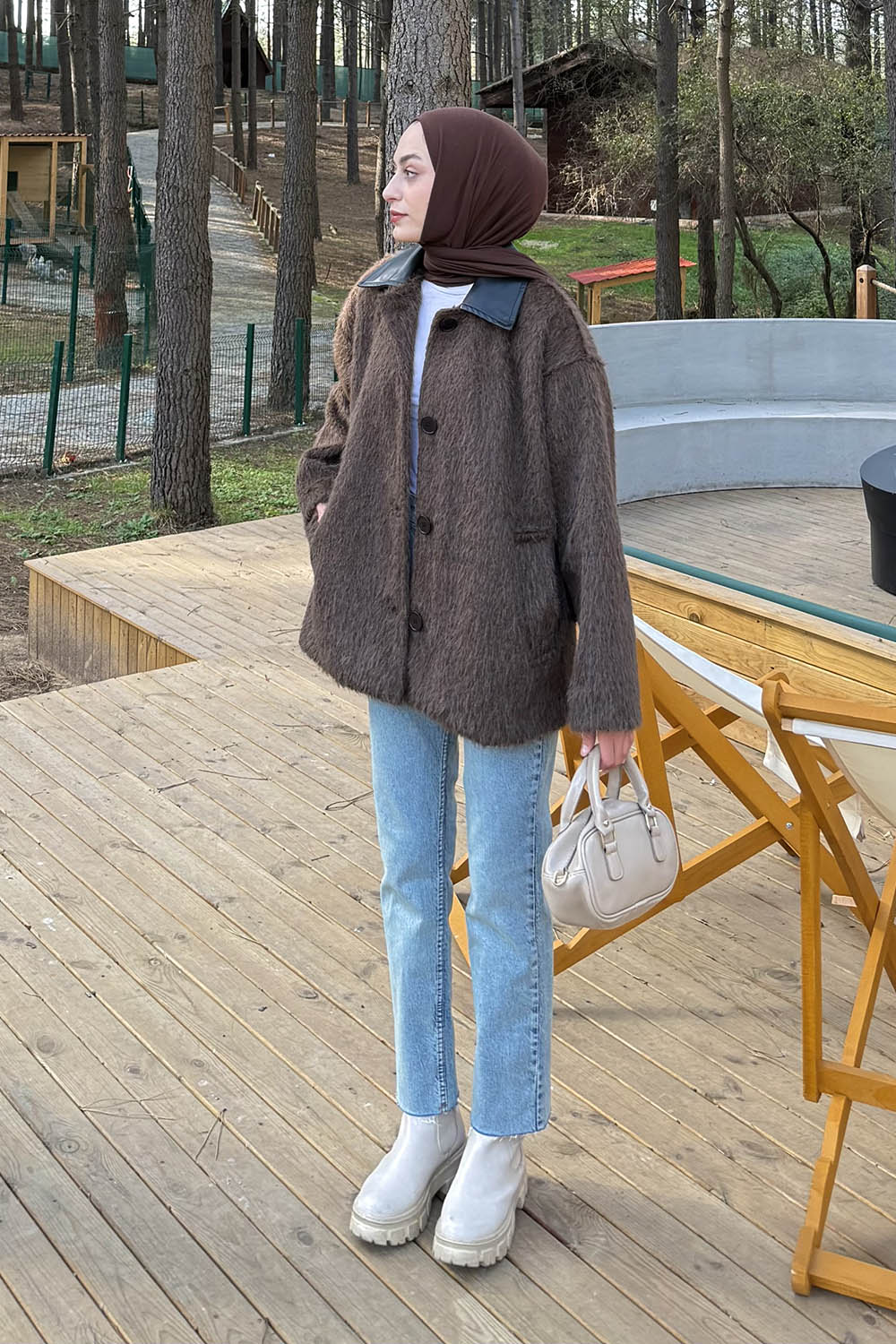 Lamelif Deri Yaka Mont Acı Kahve