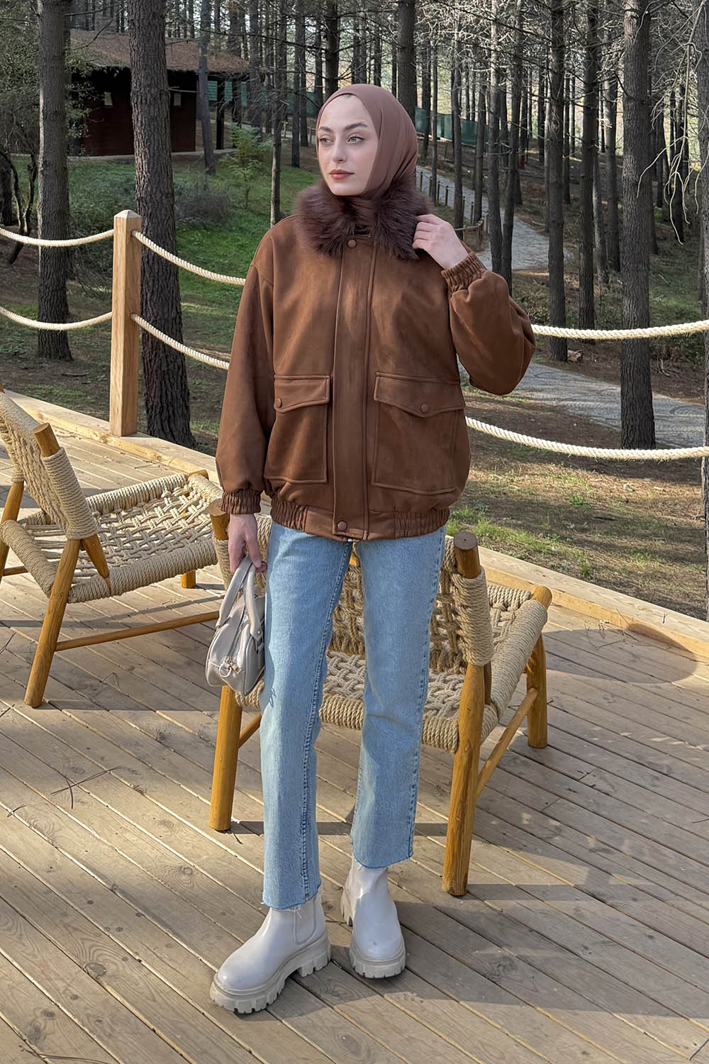 Lamelif Kürk Yaka Cepli Mont Kahverengi