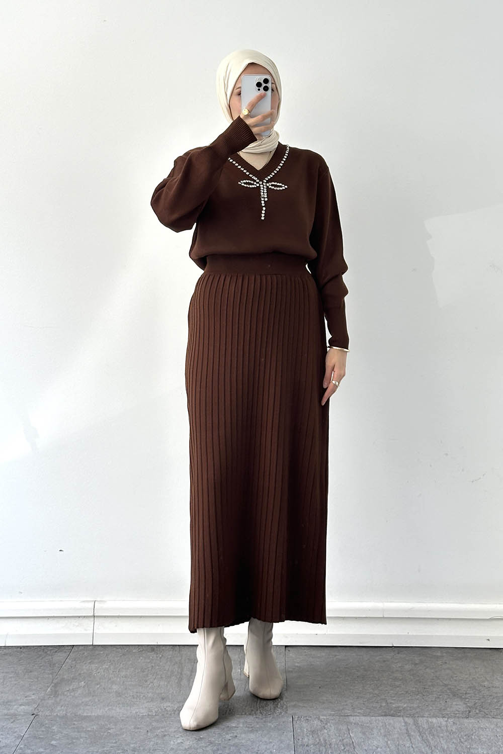 Lamelif Taş Detaylı Etekli İkili Takım Acı Kahve