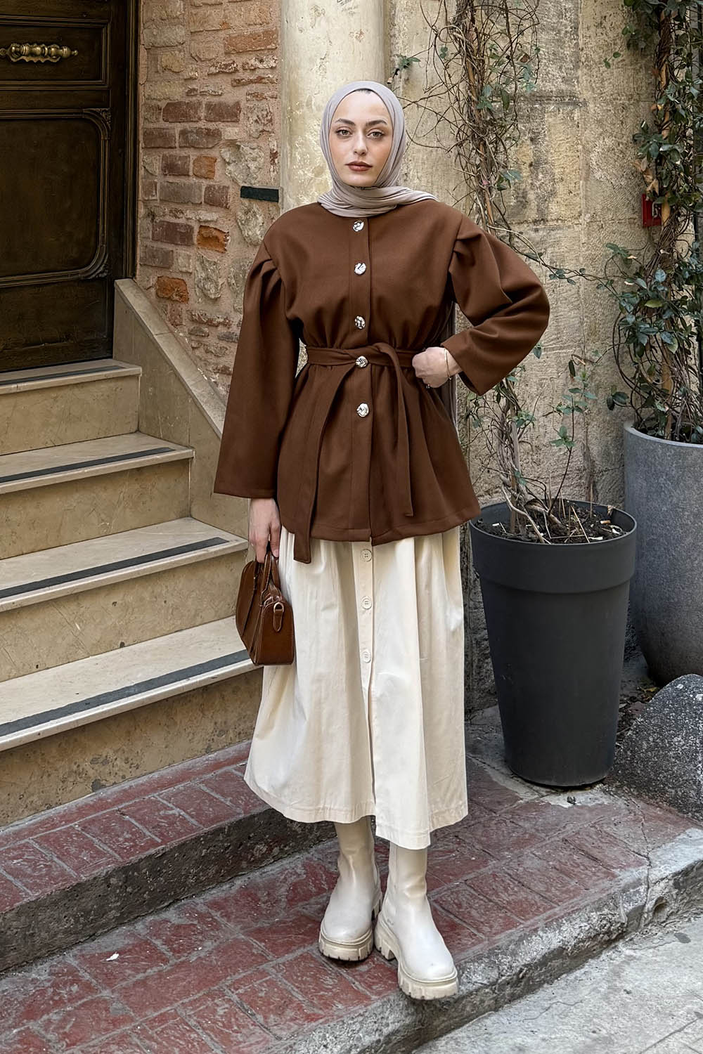 Lamelif Bel Lastikli Bağlama Detaylı Ceket Taba