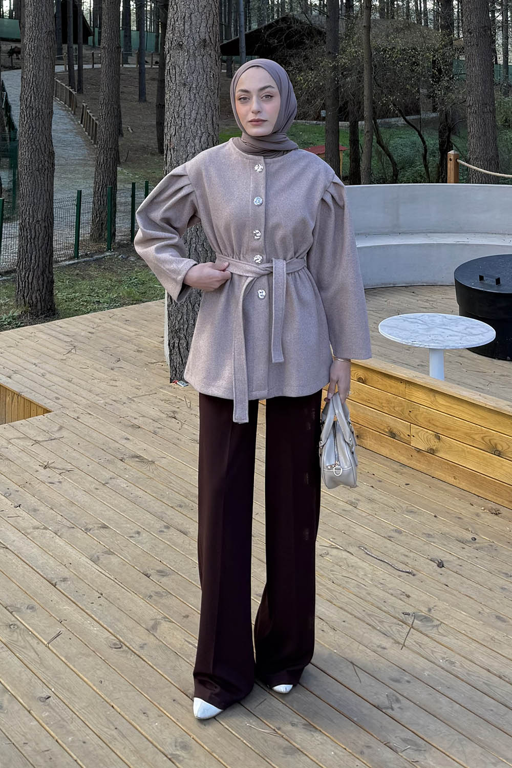 Lamelif Bel Lastikli Bağlama Detaylı Ceket Vizon