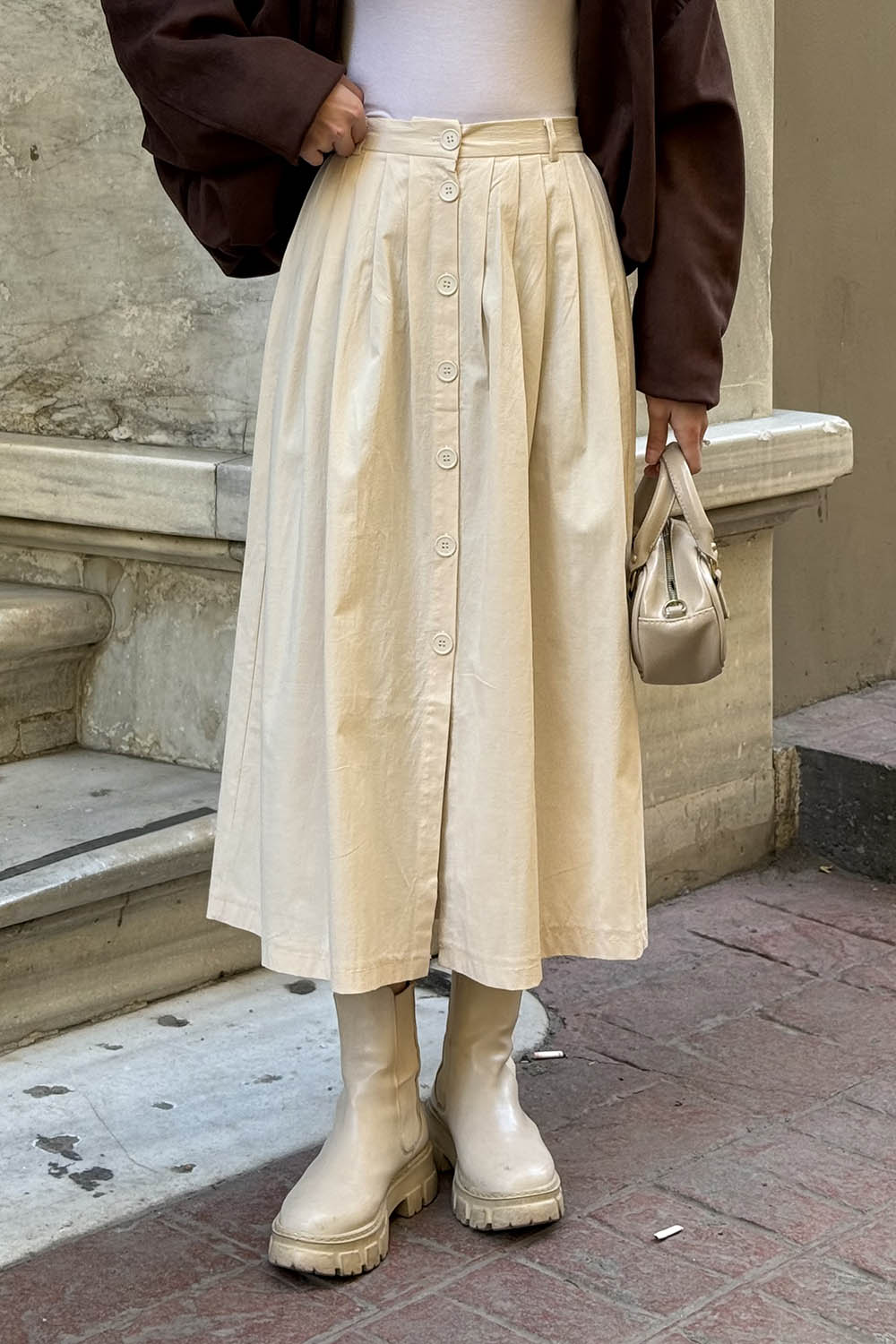 Lamelif Düğme Detaylı Pileli Etek Bej