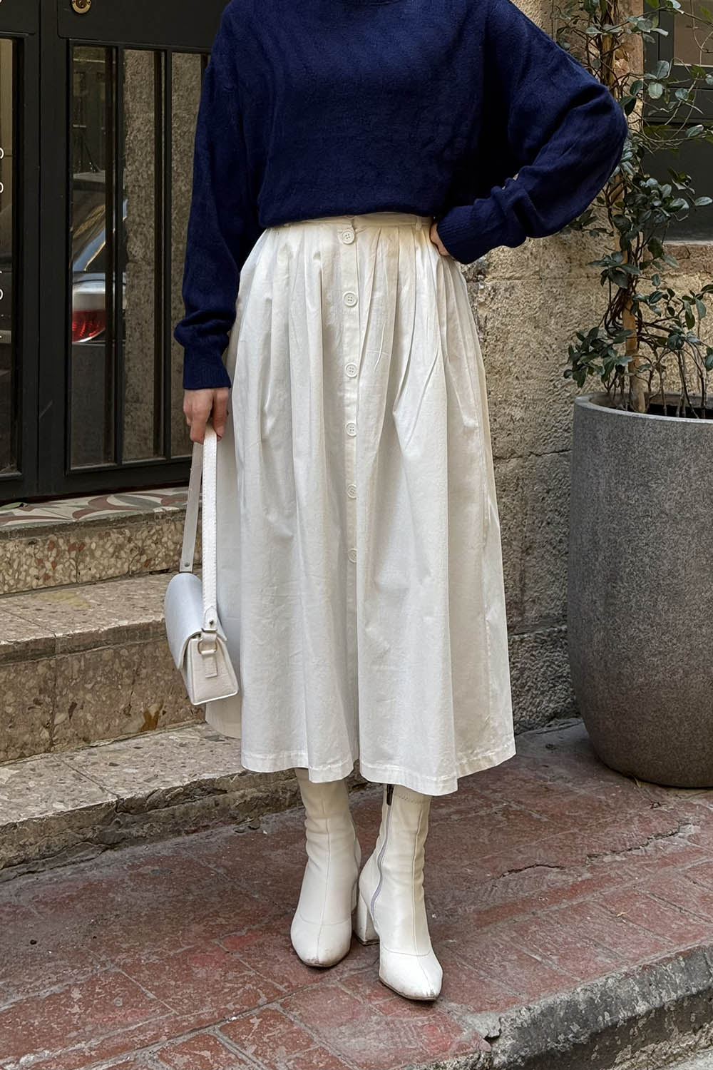 Lamelif Düğme Detaylı Pileli Etek Ekru