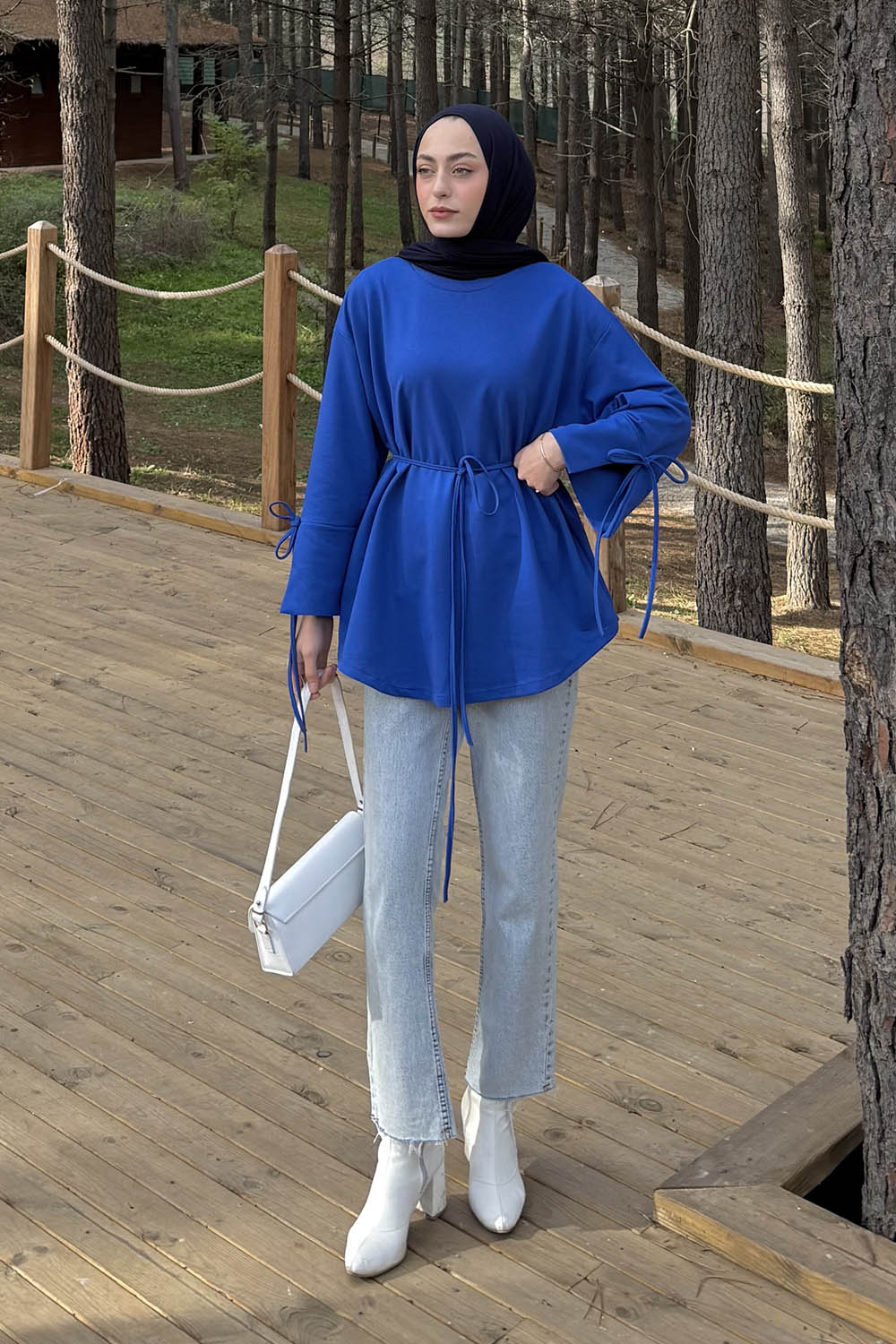 Lamelif Kol Biyeli Sweat Saks Mavisi